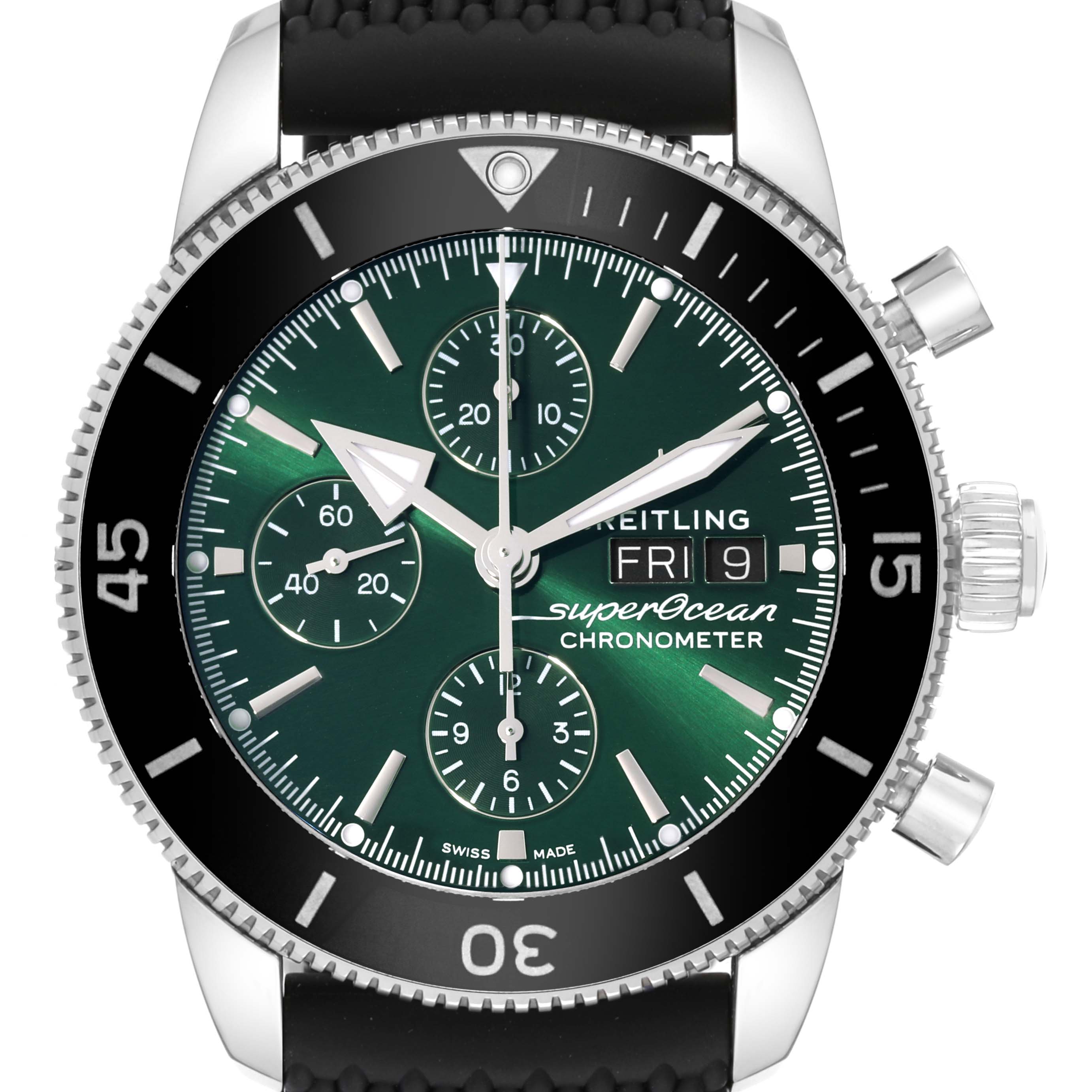 The image shows a front view of a Breitling Superocean A13313 Men's Stainless Steel Green Dial A13313 Men's Stainless Steel Green Dial Chronometer watch with a black bezel, green dial, and subdials.