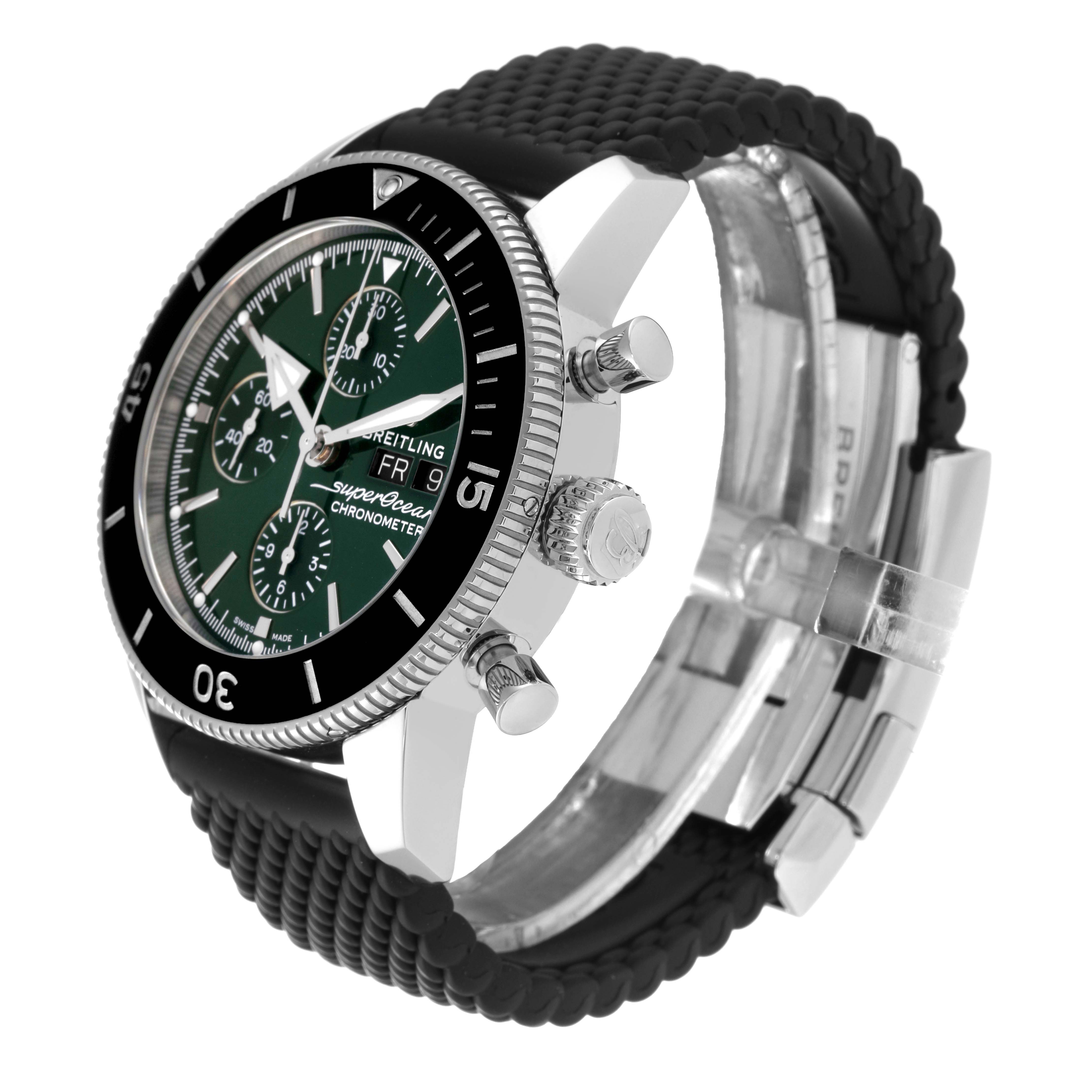 The image shows a side angle of the Breitling Superocean A13313 Men's Stainless Steel Green Dial A13313 Men's Stainless Steel Green Dial watch highlighting the bezel, crown, pushers, and black strap.