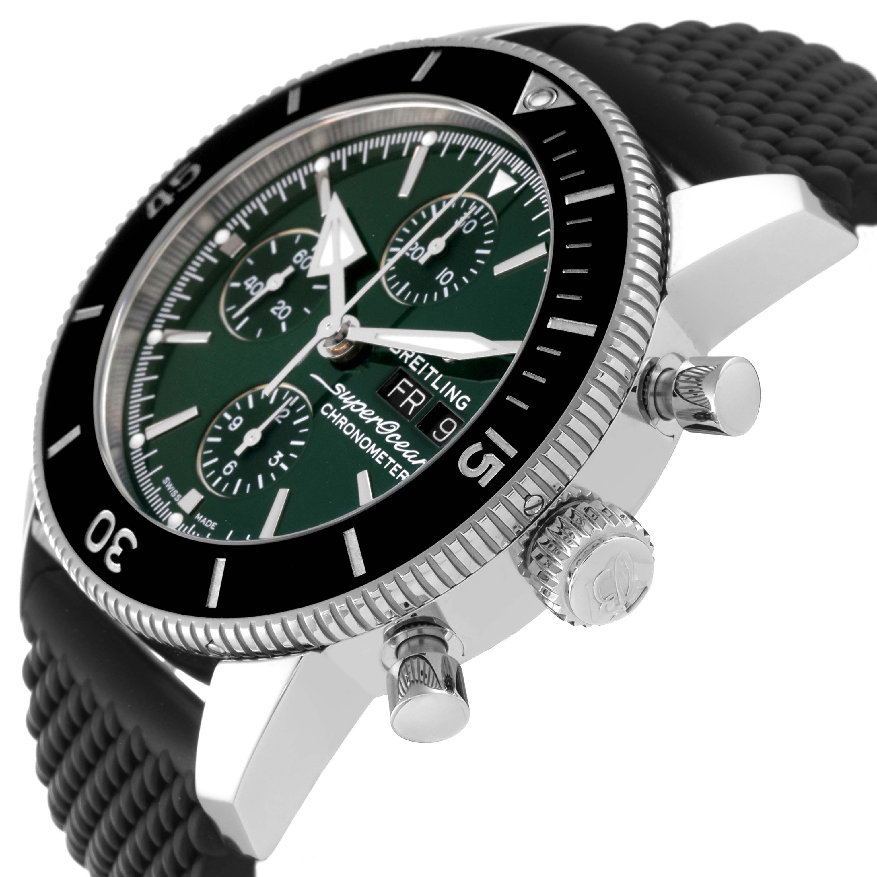 The image shows a side angle of a Breitling Superocean A13313 Men's Stainless Steel Green Dial A13313 Men's Stainless Steel Green Dial watch, highlighting the bezel, crown, and pushers.