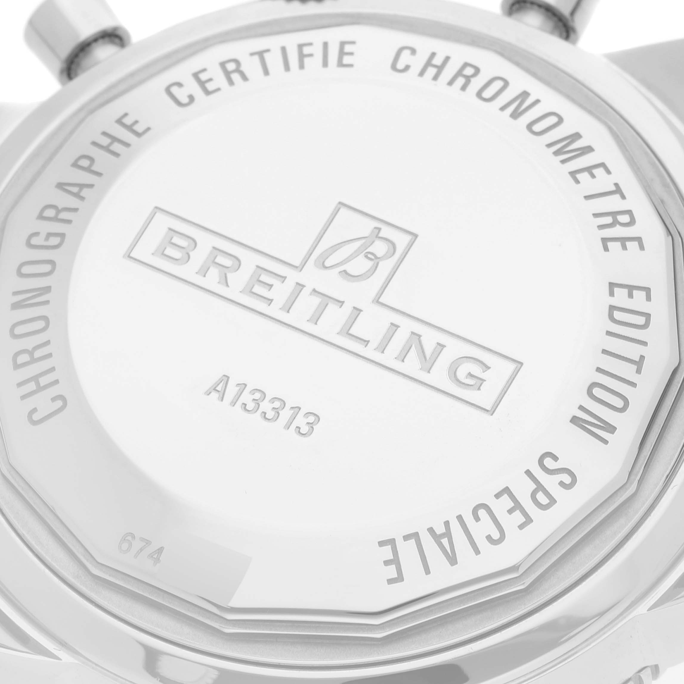 The image shows the back case of the Breitling Superocean A13313 Men's Stainless Steel Green Dial A13313 Men's Stainless Steel Green Dial watch, featuring the brand logo and model information.