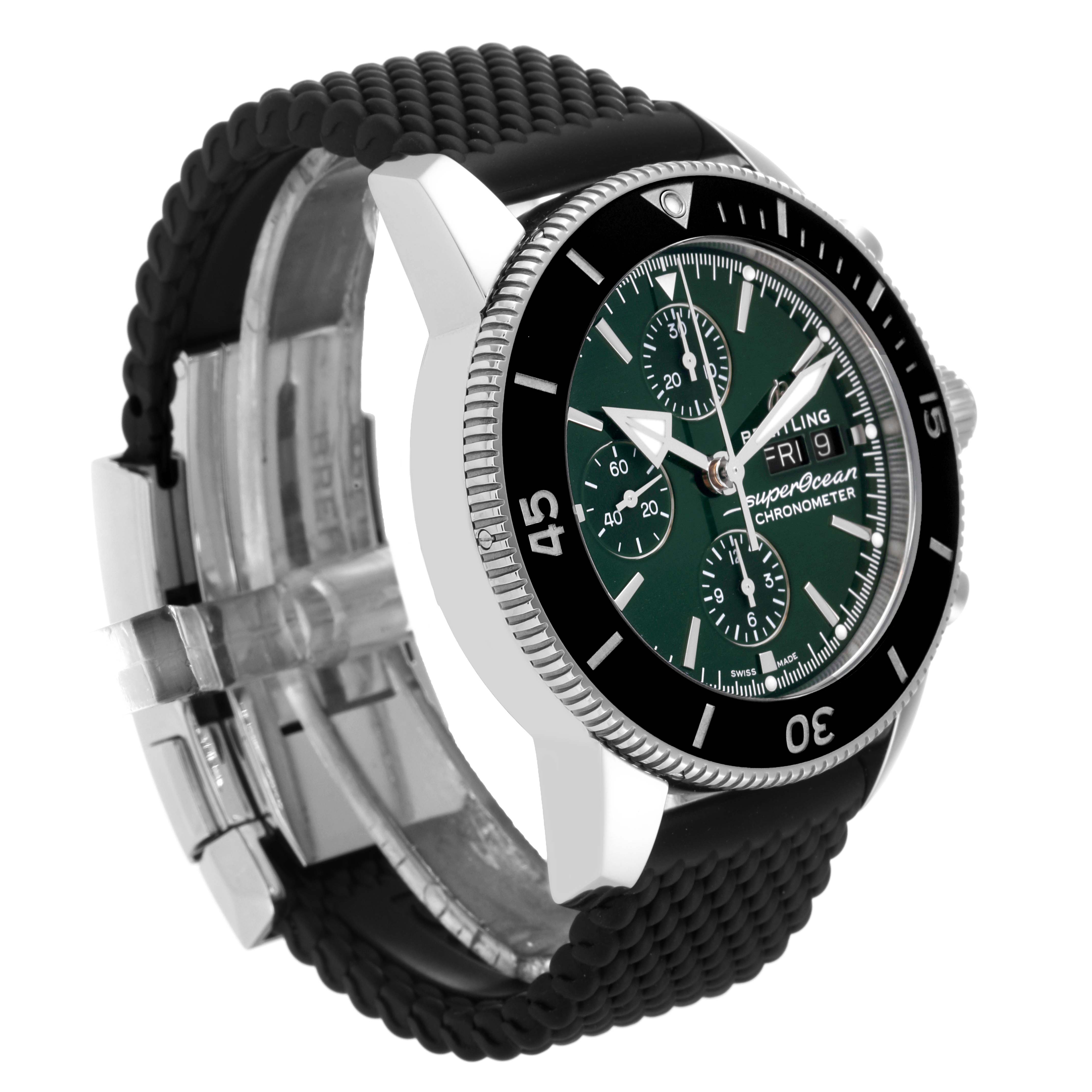 The image shows a left front angle view of the Breitling Superocean A13313 Men's Stainless Steel Green Dial A13313 Men's Stainless Steel Green Dial watch, highlighting the dial, bezel, and strap.
