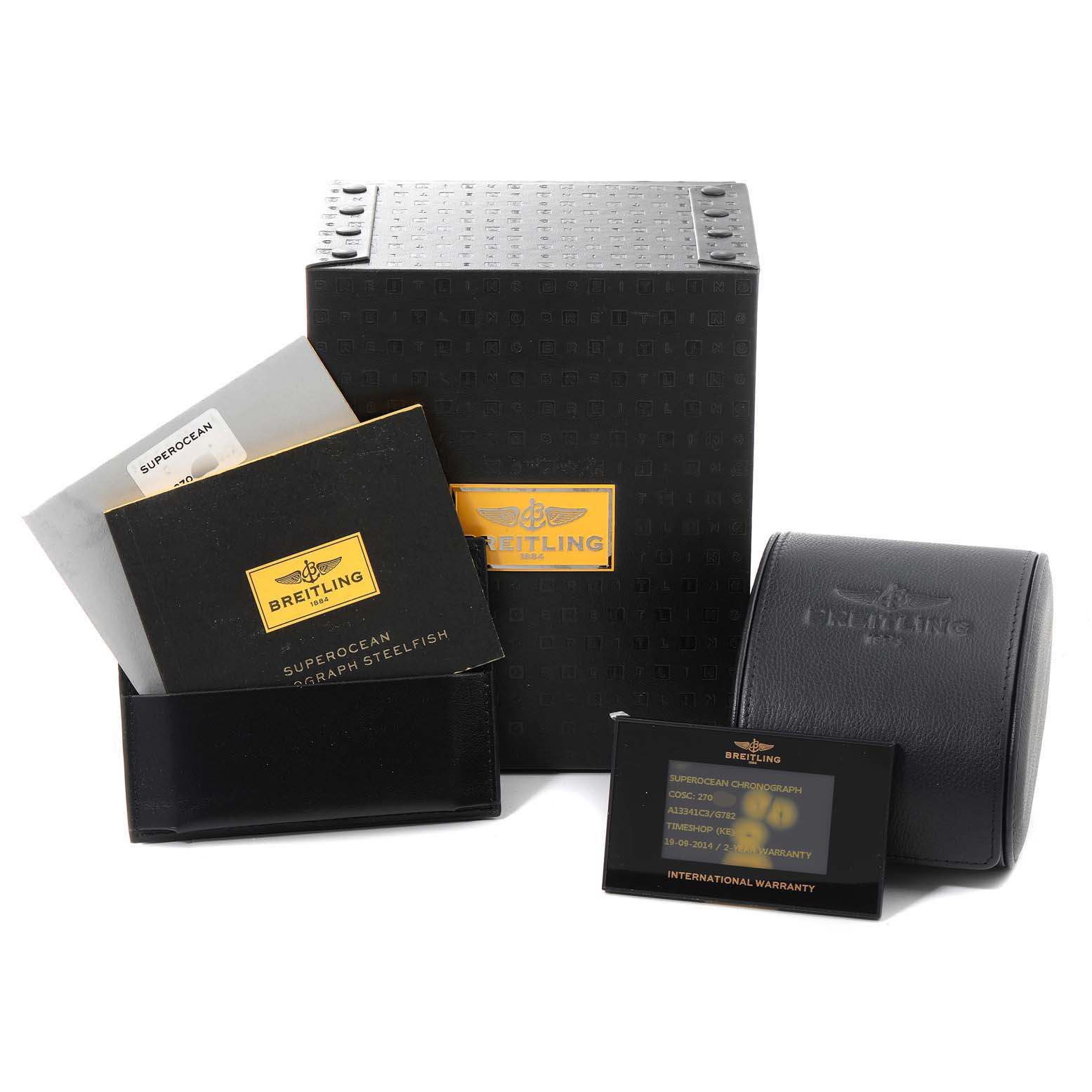 The image shows the packaging, manuals, warranty card, and pouch for the Breitling Superocean A13341 Men's Stainless Steel White Dial A13341 Men's Stainless Steel White Dial model.