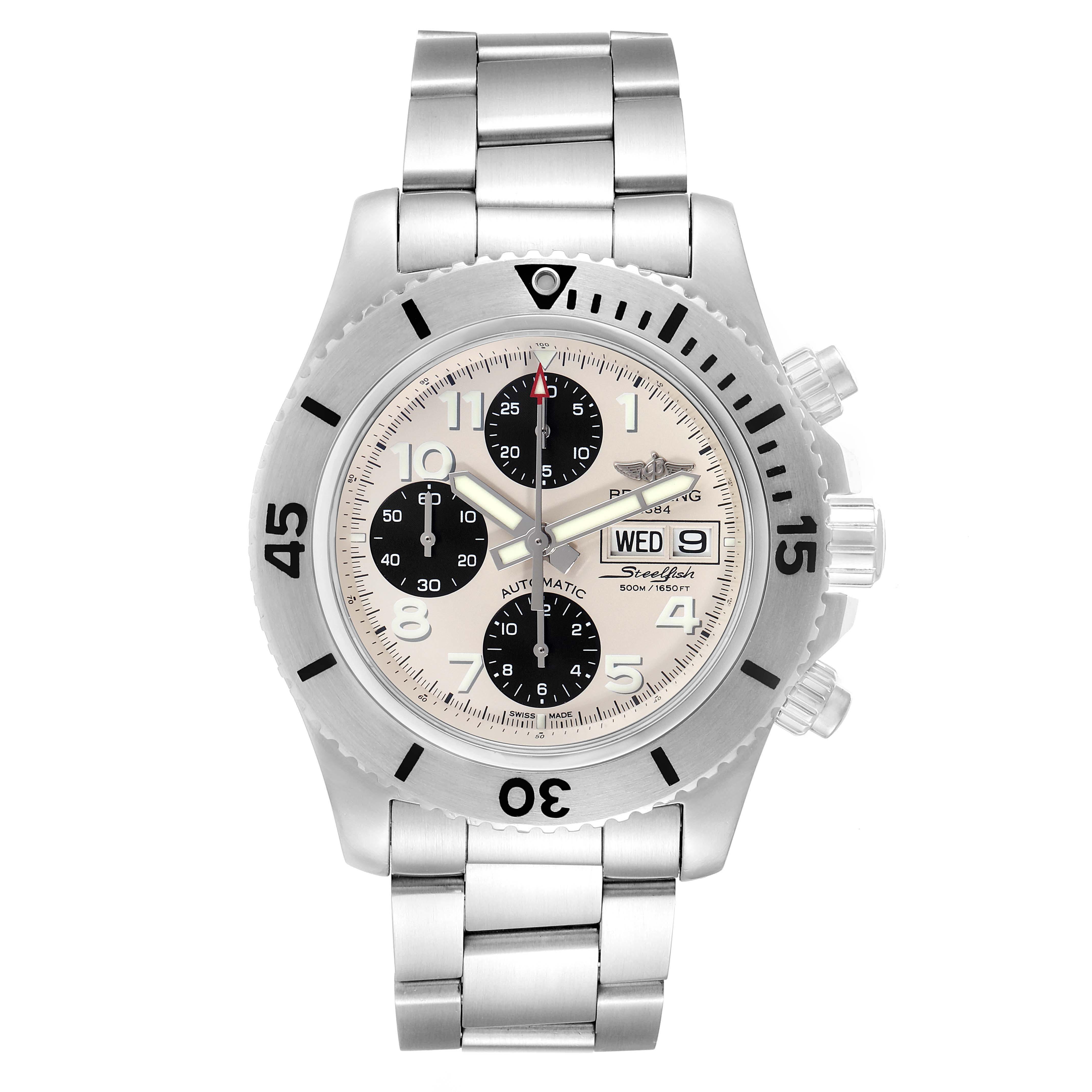 The image shows the front view of a Breitling Superocean A13341 Men's Stainless Steel White Dial A13341 Men's Stainless Steel White Dial watch displaying the dial, bezel, crown, and stainless steel bracelet.