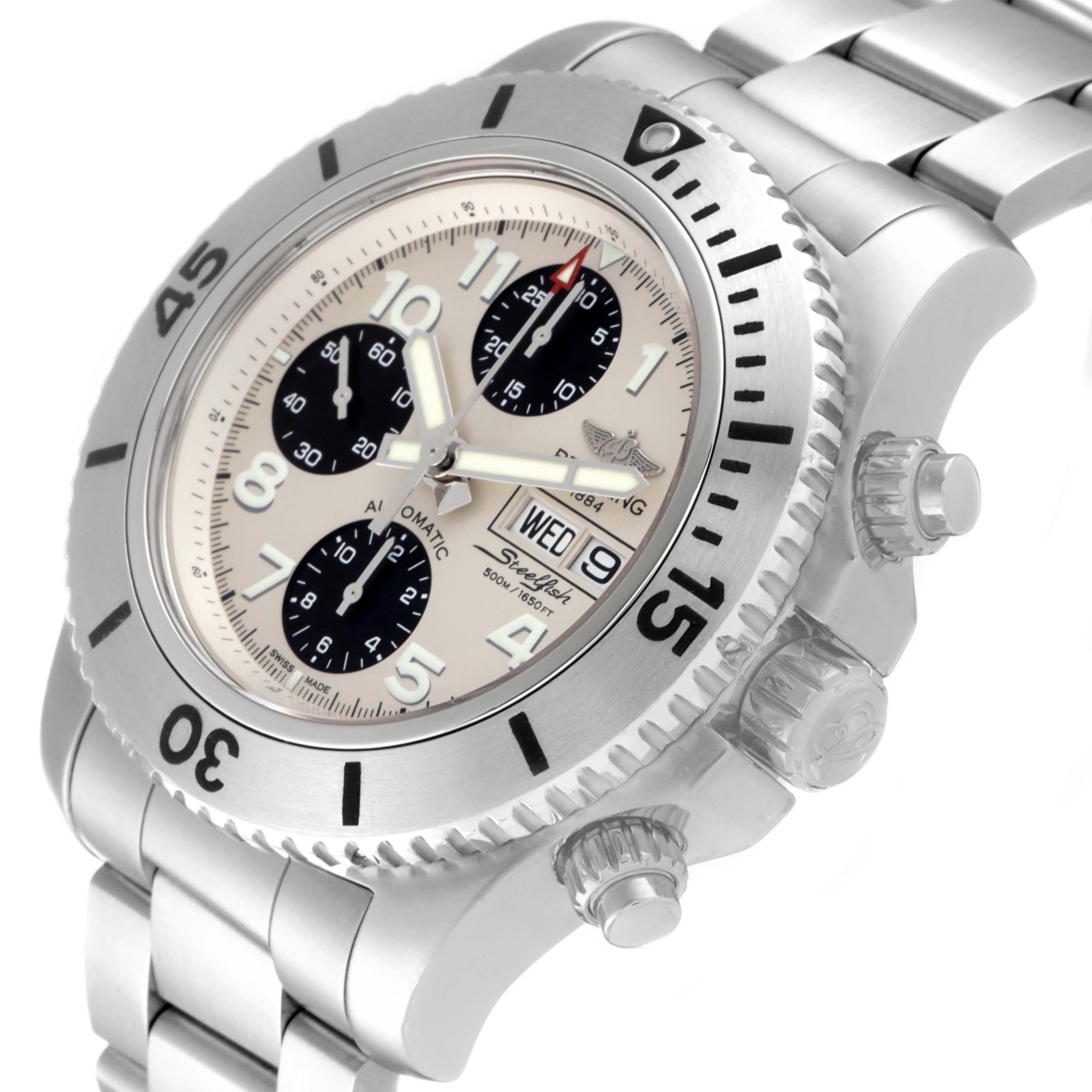 The Breitling Superocean A13341 Men's Stainless Steel White Dial A13341 Men's Stainless Steel White Dial watch is shown at an oblique angle, highlighting its dial, bezel, chronograph subdials, and metallic bracelet.