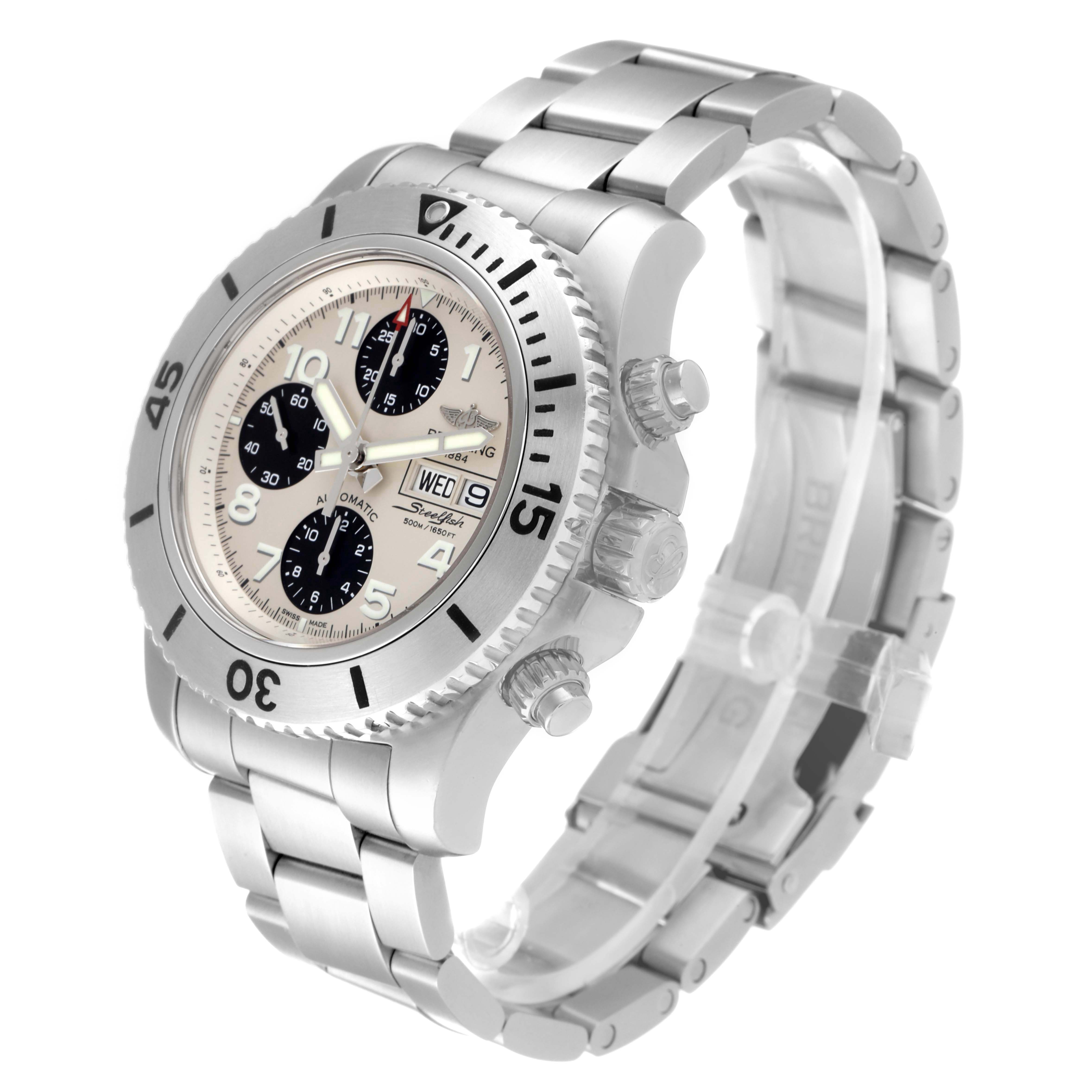 The image shows a Breitling Superocean A13341 Men's Stainless Steel White Dial A13341 Men's Stainless Steel White Dial watch with a side angle highlighting its bezel, face, chronograph dials, and bracelet.