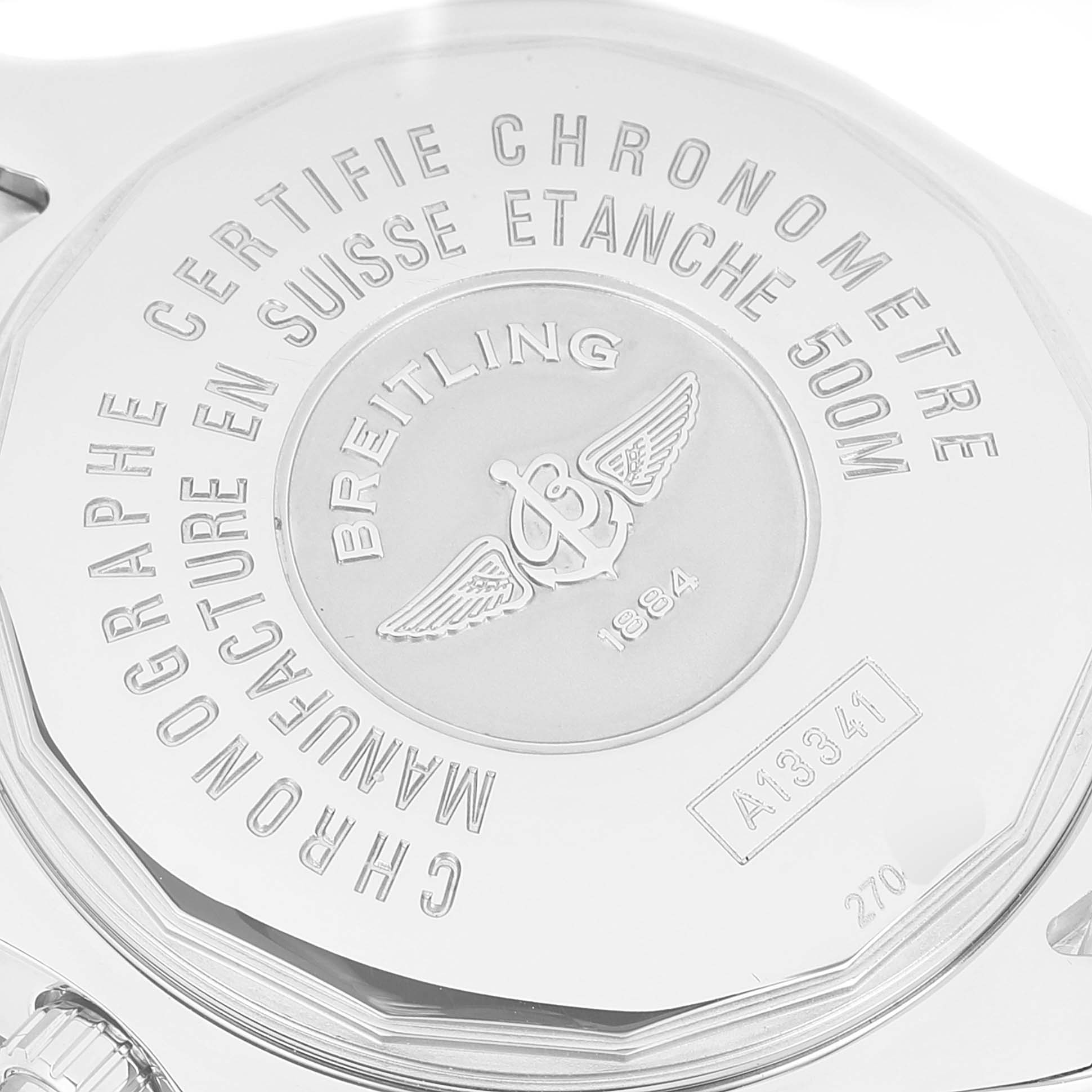 This image shows the back case of a Breitling Superocean A13341 Men's Stainless Steel White Dial A13341 Men's Stainless Steel White Dial watch, highlighting engraved details and branding.