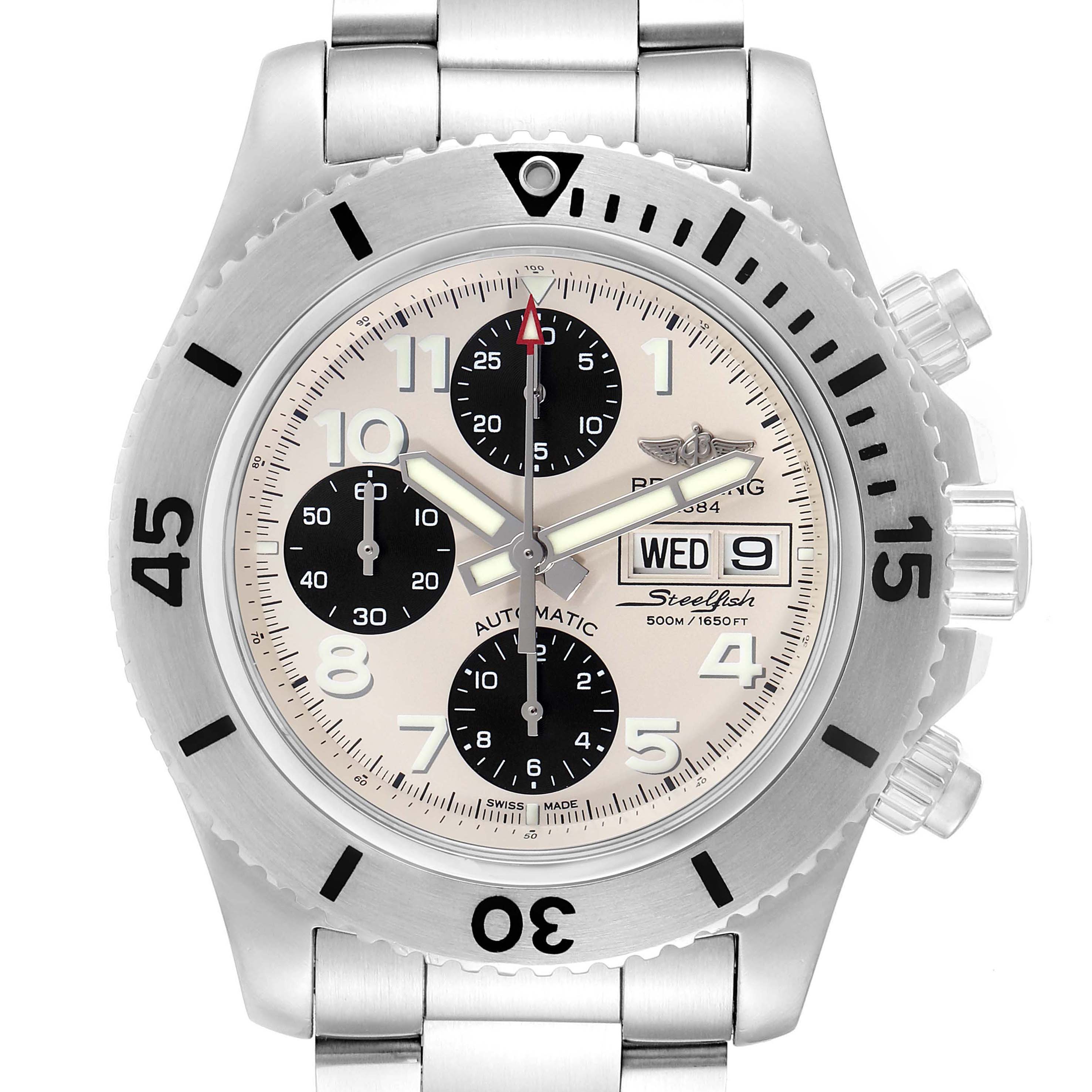 The Breitling Superocean A13341 Men's Stainless Steel White Dial A13341 Men's Stainless Steel White Dial watch is shown from a front angle, highlighting its face, bezel, and metal bracelet.