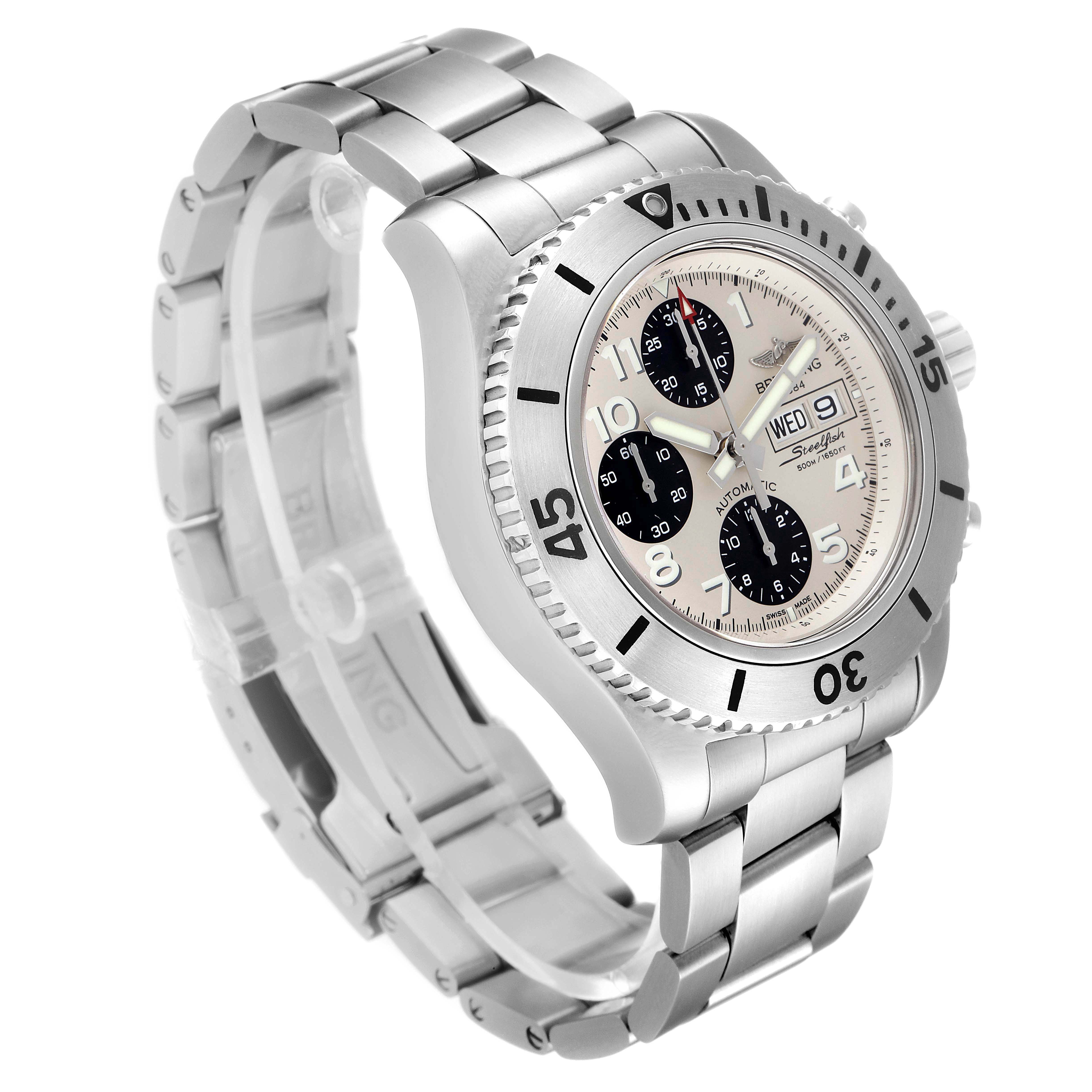 The image shows a side angle of a Breitling Superocean A13341 Men's Stainless Steel White Dial A13341 Men's Stainless Steel White Dial watch, highlighting the dial, bezel, and metal bracelet.