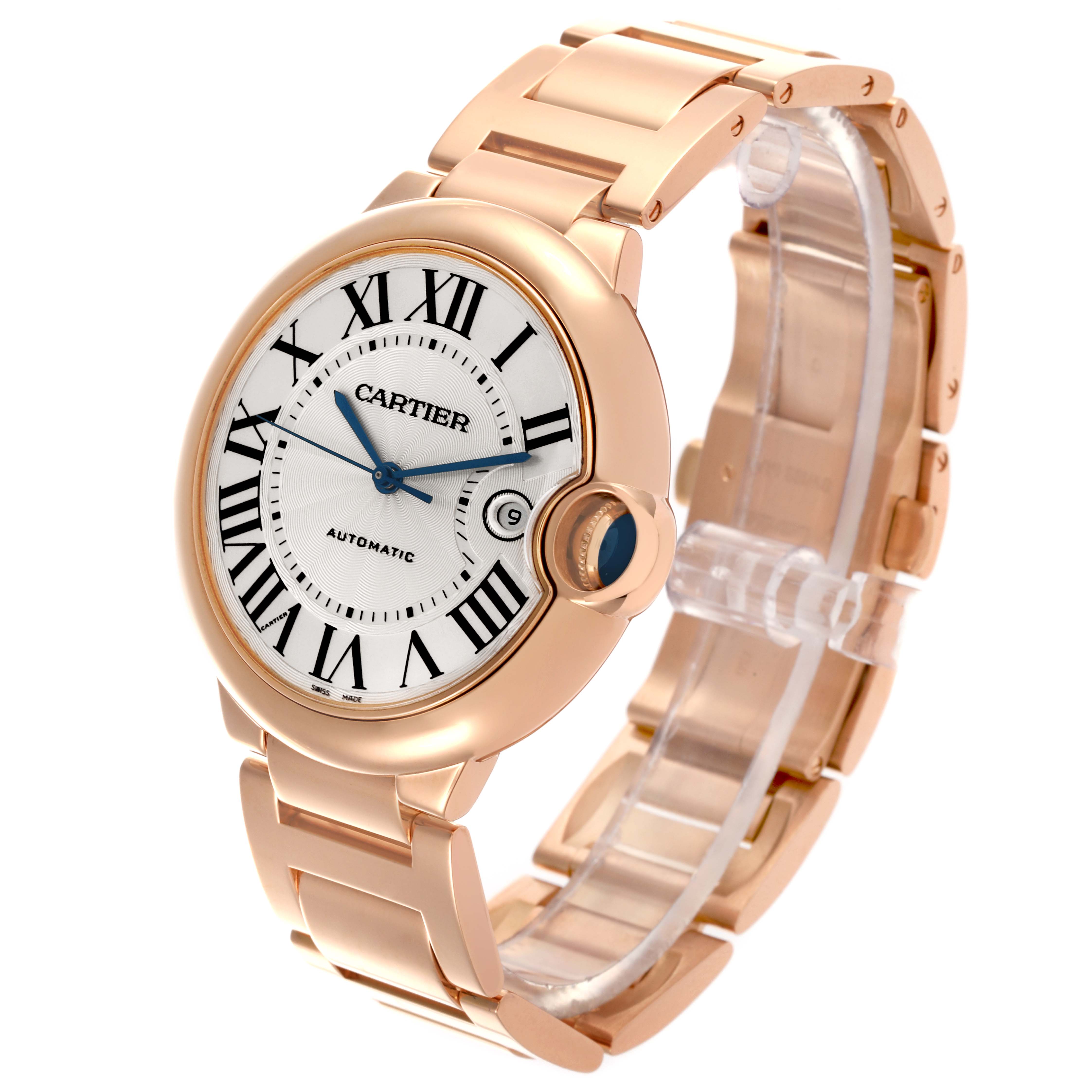 The Ballon Bleu by Cartier is shown at an angle displaying the face, crown, and linked bracelet.