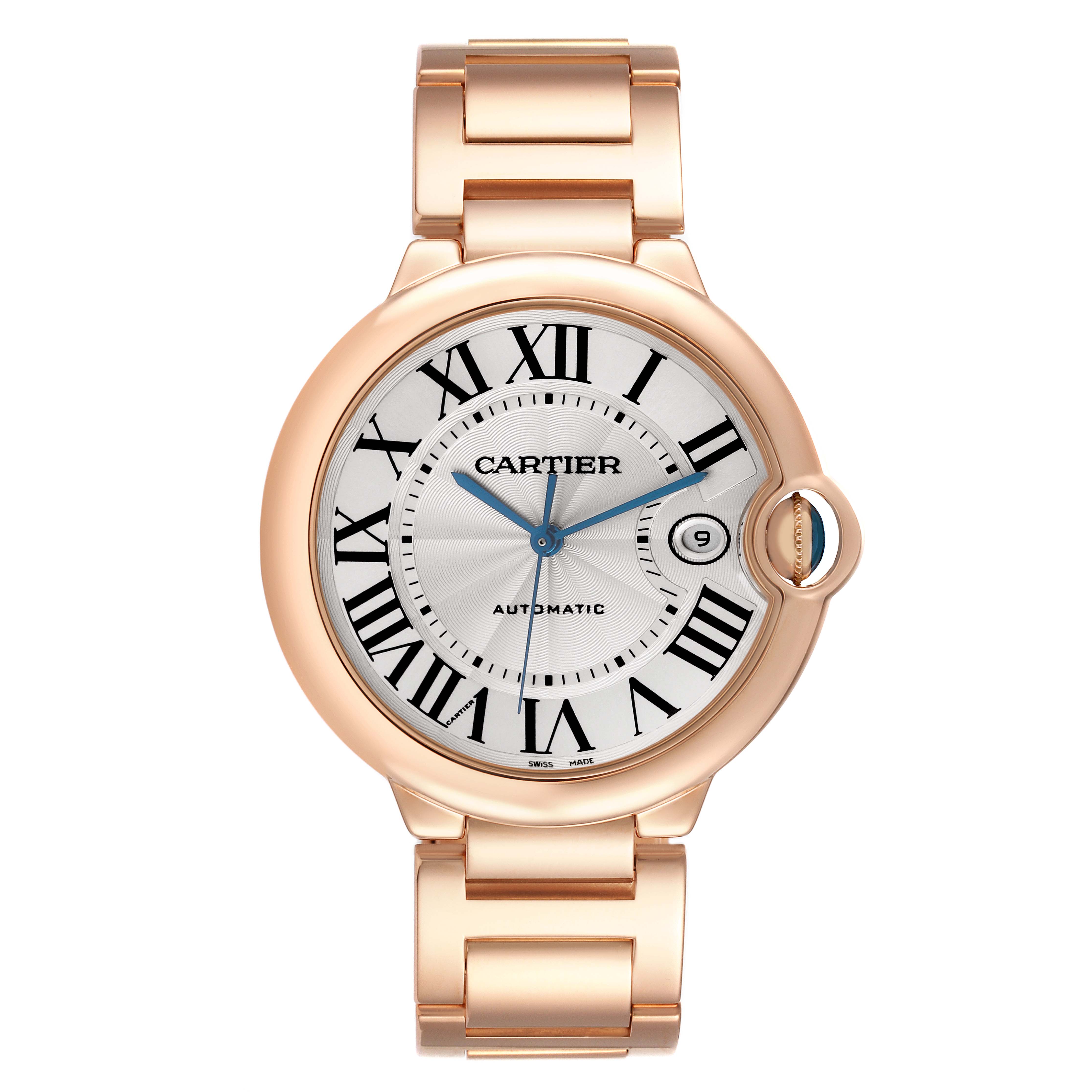 The Cartier Ballon Bleu W69006Z2 Men's Rose Gold Silver Dial W69006Z2 Men's Rose Gold Silver Dial watch is shown from the front, displaying its face, Roman numerals, and metal bracelet.
