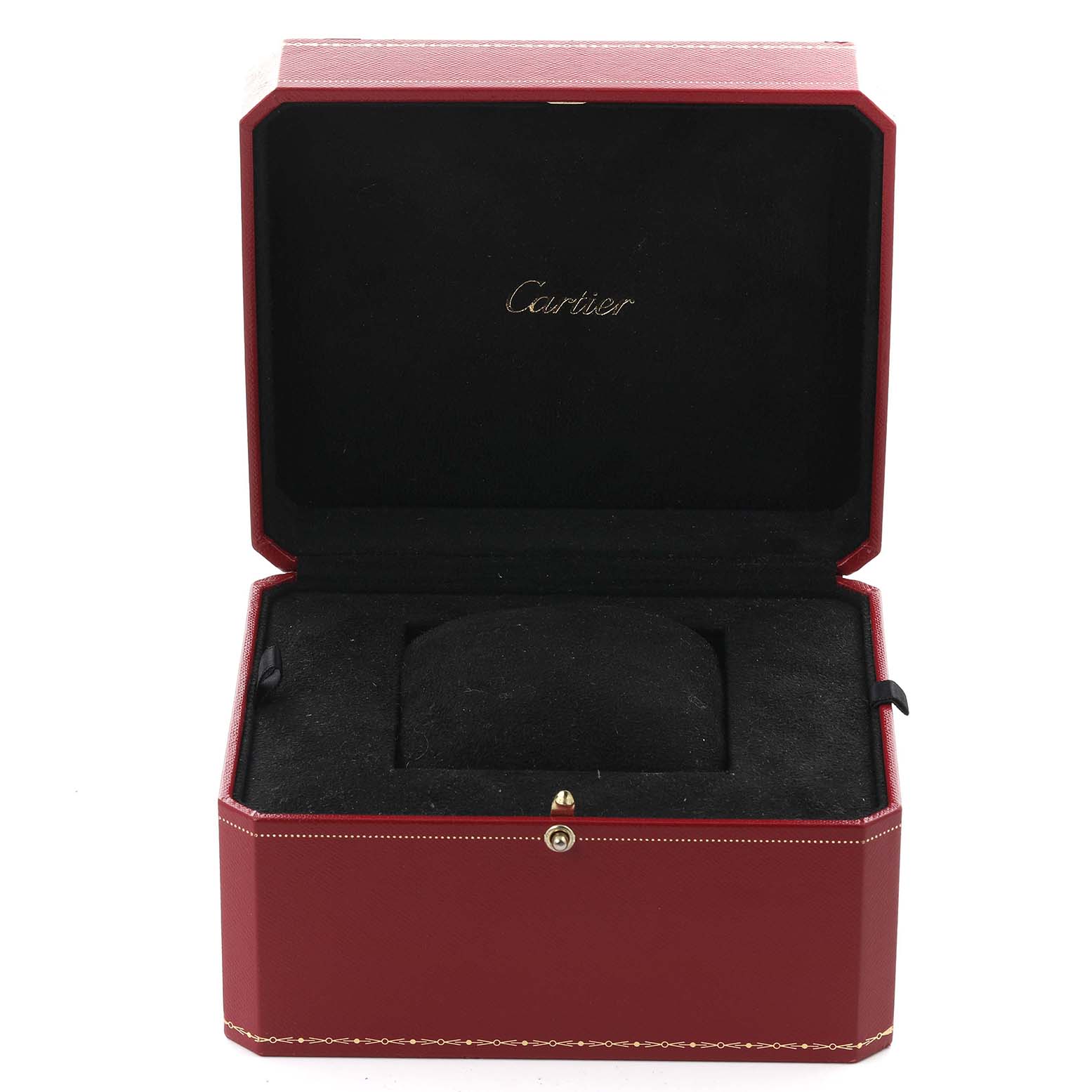 The image shows an open Cartier watch box for the Ballon Bleu model, featuring a red exterior and black interior.