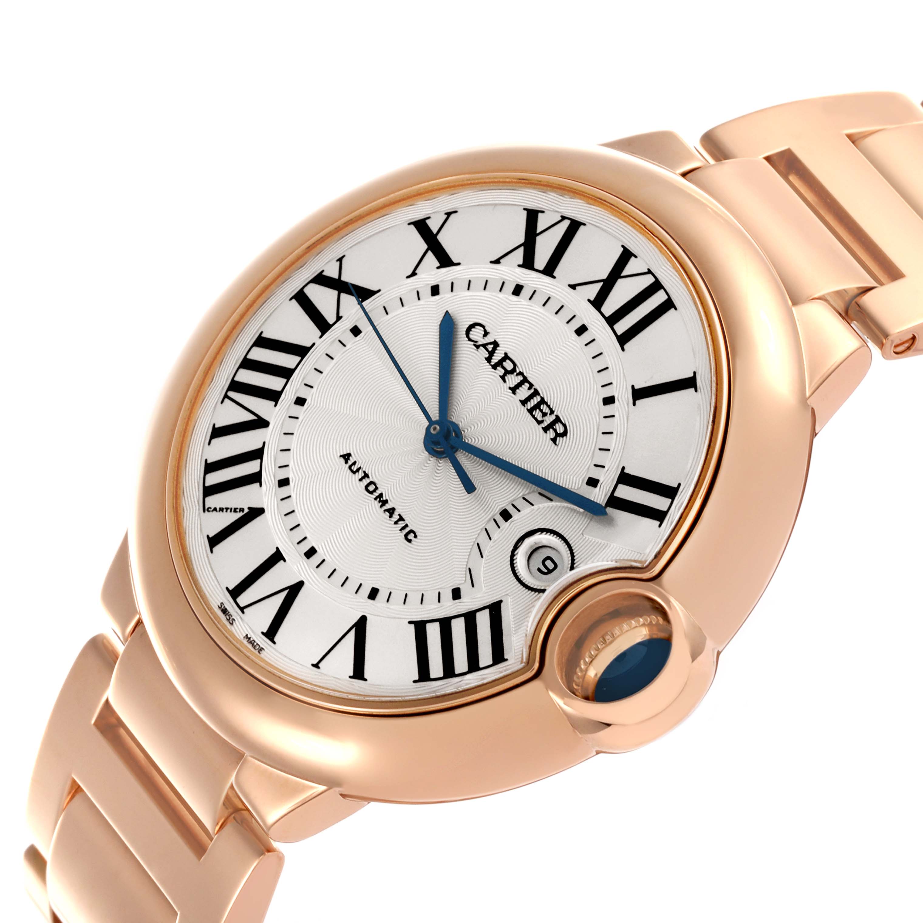 The Cartier Ballon Bleu W69006Z2 Men's Rose Gold Silver Dial W69006Z2 Men's Rose Gold Silver Dial watch is shown at a slight angled view displaying the face, Roman numerals, and part of the bracelet.