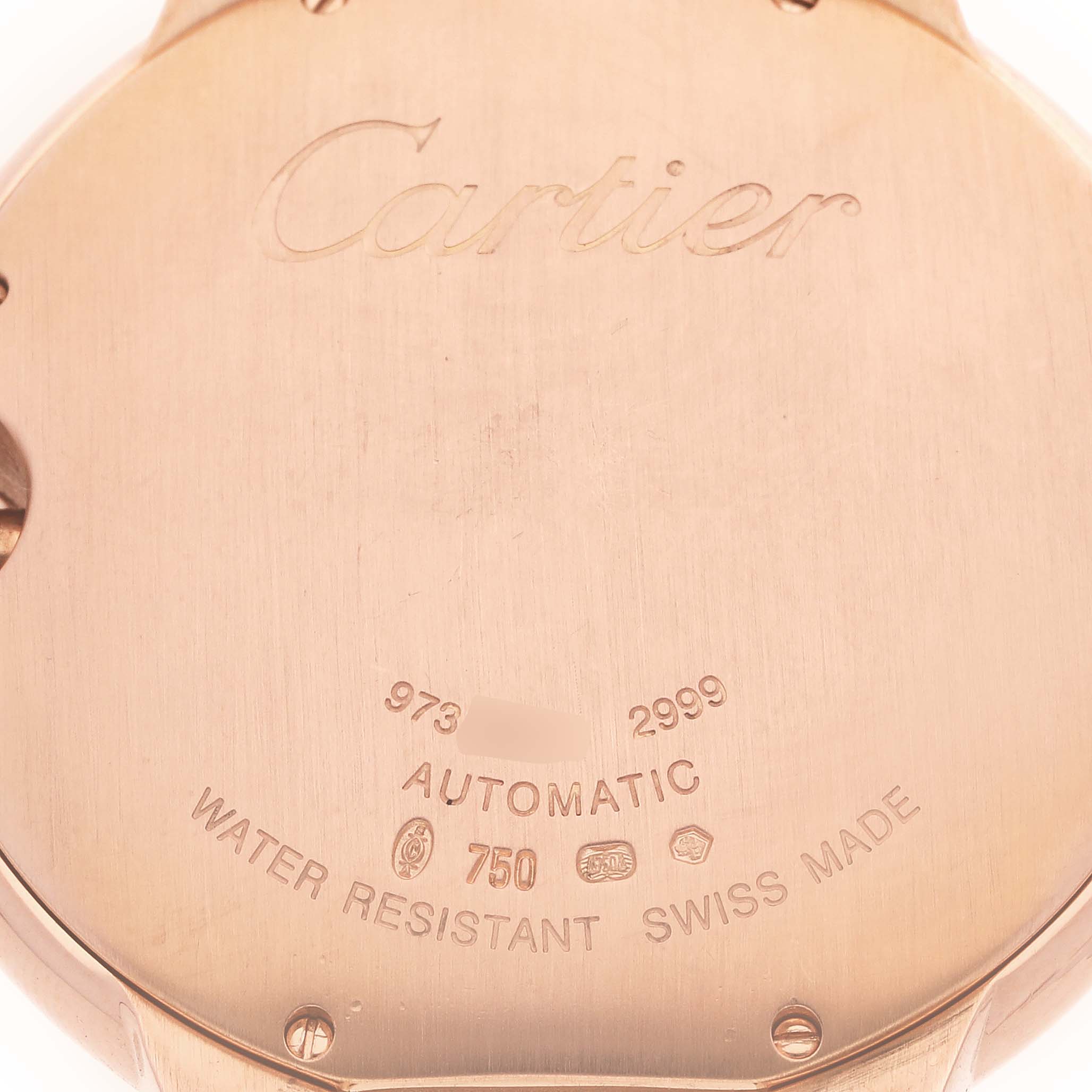 The image shows the back case of a Cartier Ballon Bleu W69006Z2 Men's Rose Gold Silver Dial W69006Z2 Men's Rose Gold Silver Dial watch, displaying the brand engraving and specifications.