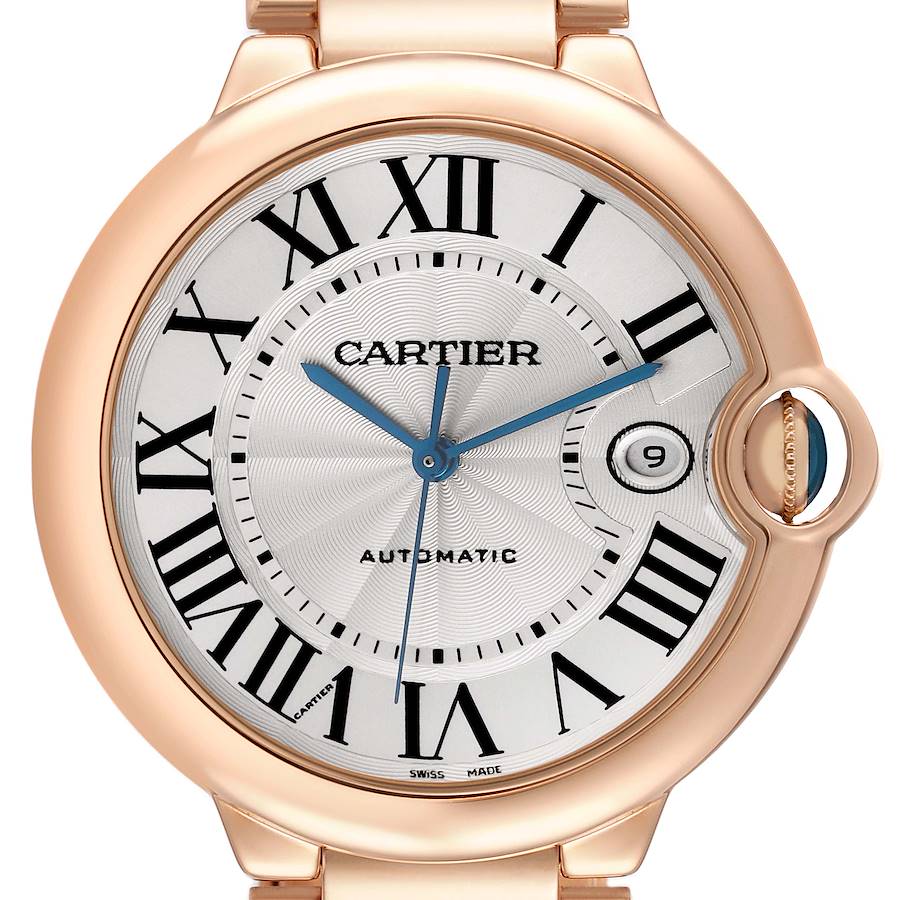 The Ballon Bleu de Cartier watch is shown from a front angle, highlighting the crown, dial, and Roman numerals.