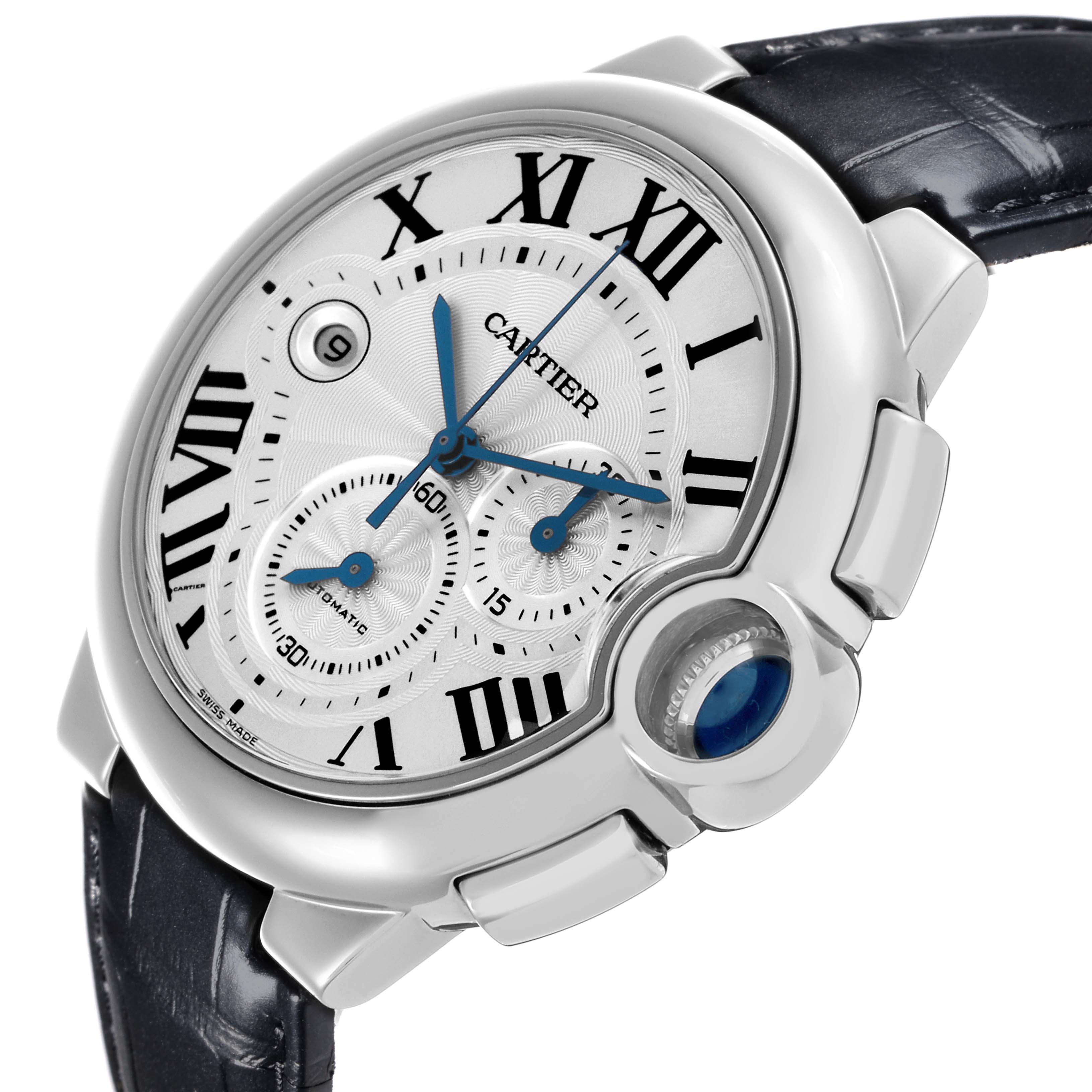 The Ballon Bleu by Cartier is shown from a perspective angle, highlighting the dial, blue hands, Roman numerals, and crown.