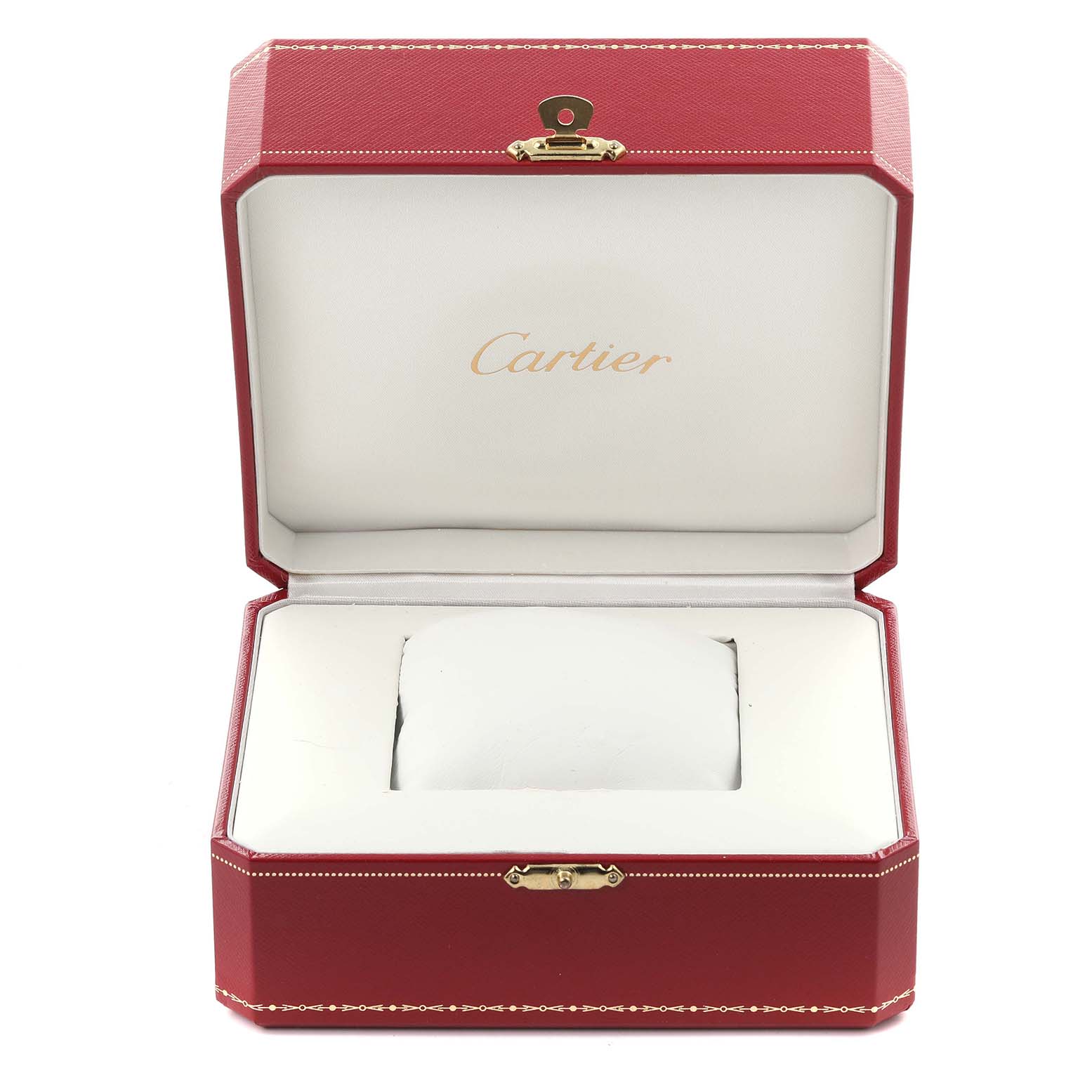 The image shows an open Cartier Ballon Bleu W6920003 Men
s Stainless Steel Silver Dial W6920003 Men
s Stainless Steel Silver Dial watch box from a front angle, displaying the interior padding and brand logo.