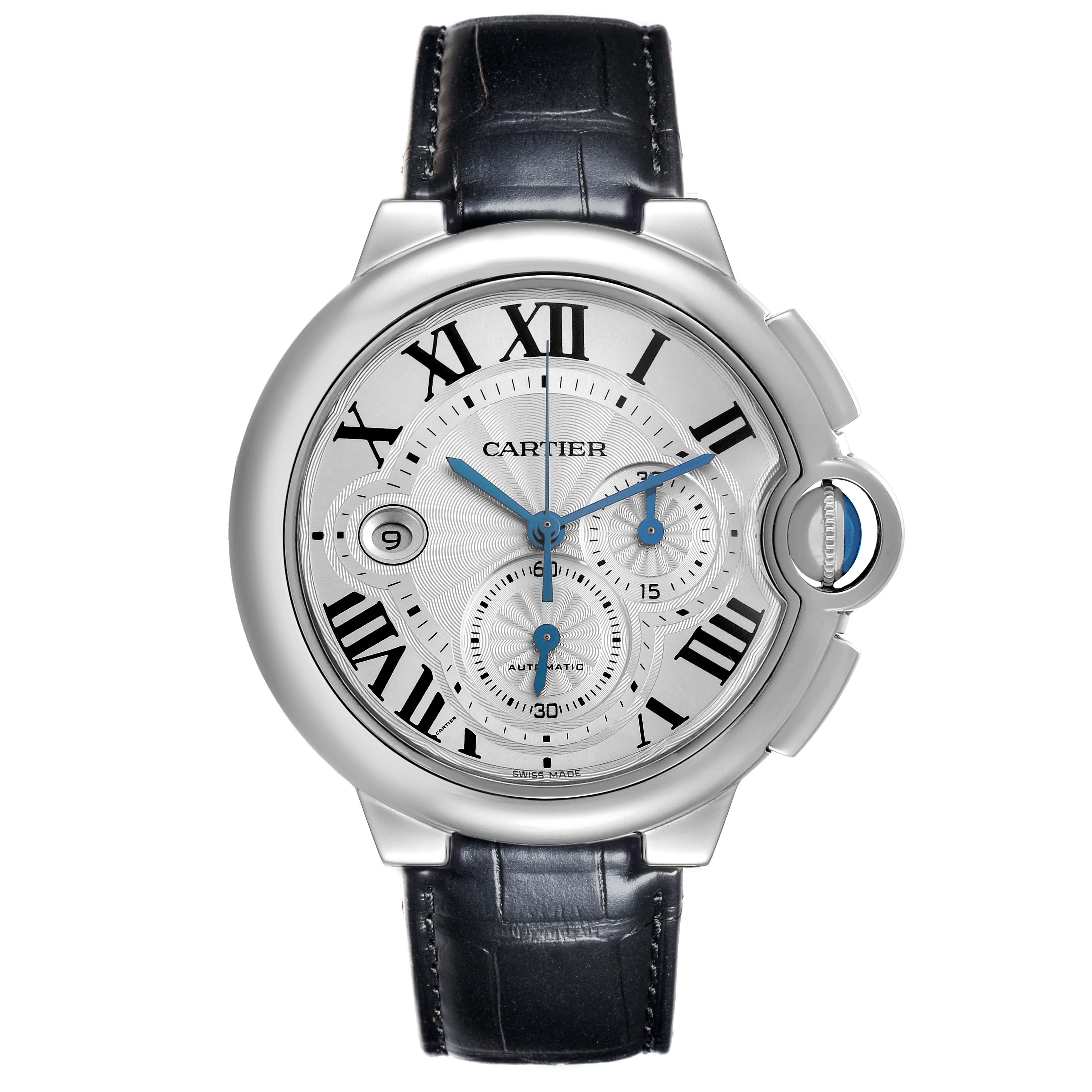 The Cartier Ballon Bleu W6920003 Men
s Stainless Steel Silver Dial W6920003 Men
s Stainless Steel Silver Dial watch is shown from a front angle, displaying its dial, Roman numerals, and black leather strap.