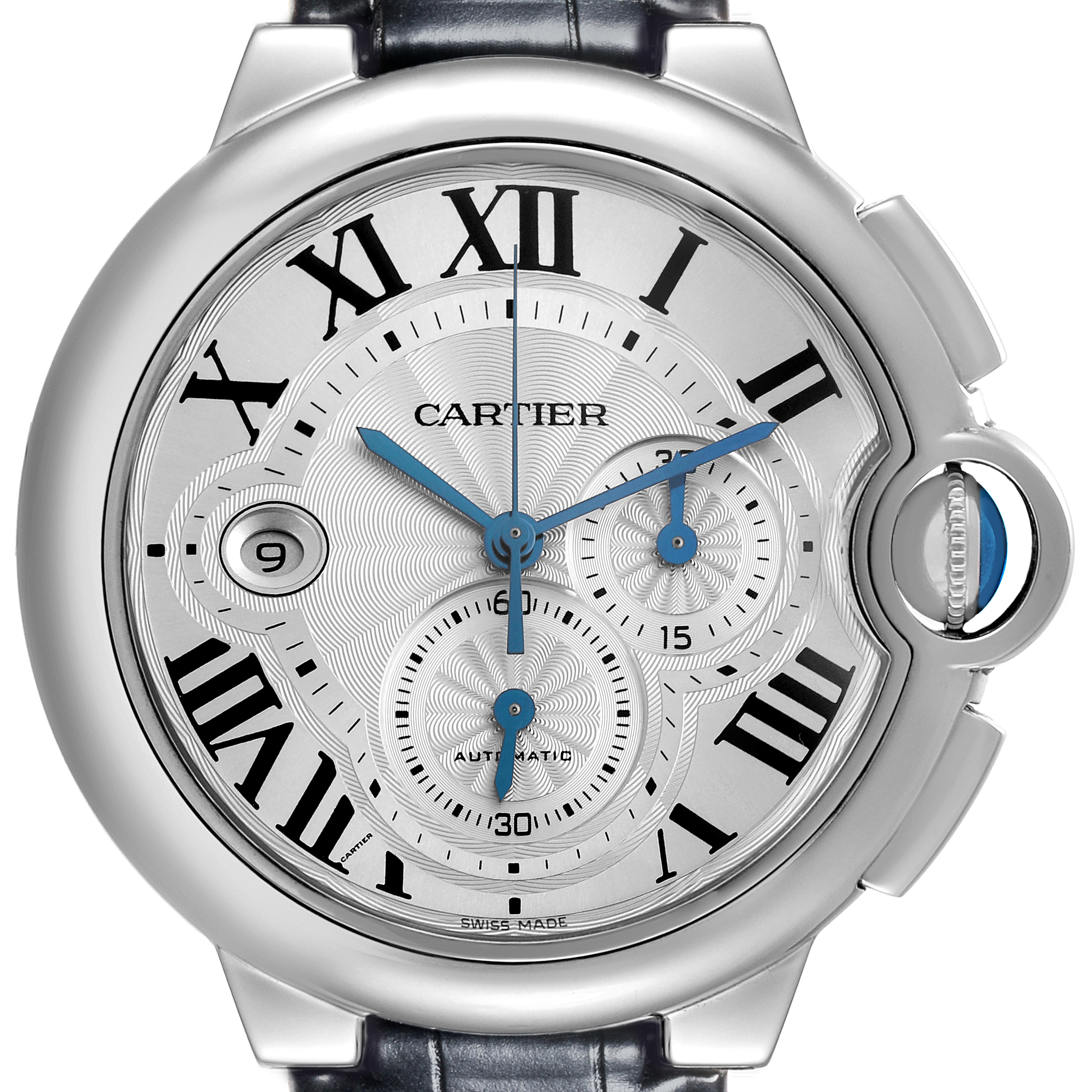 The Cartier Ballon Bleu W6920003 Men
s Stainless Steel Silver Dial W6920003 Men
s Stainless Steel Silver Dial watch is shown from the front, highlighting the face, Roman numerals, hands, and signature crown.