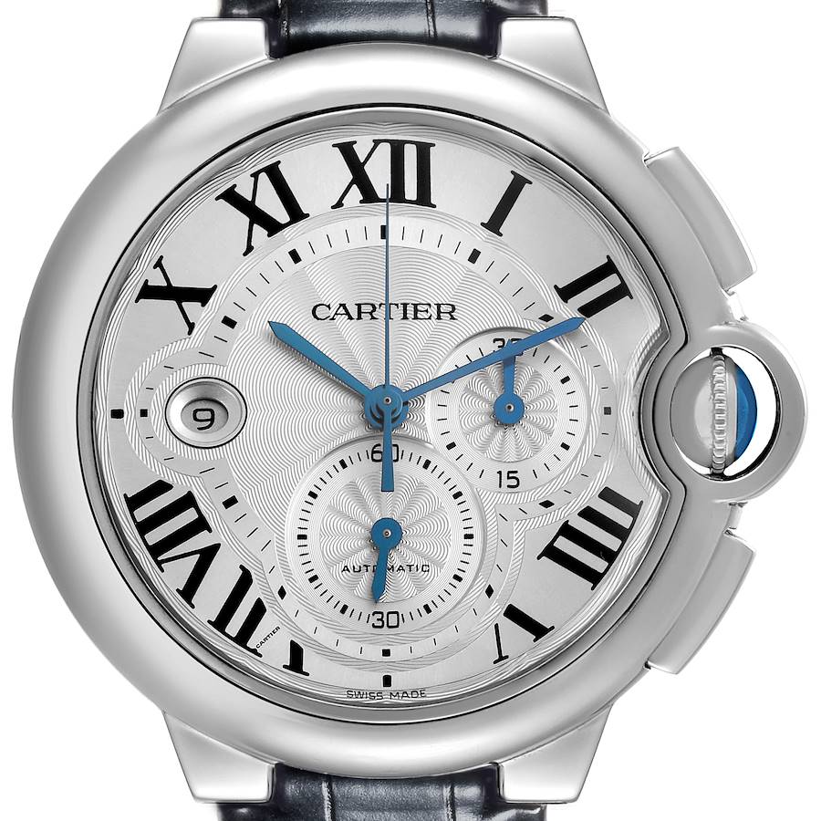 The Cartier Ballon Bleu watch is shown from the front, highlighting the face, Roman numerals, hands, and signature crown.