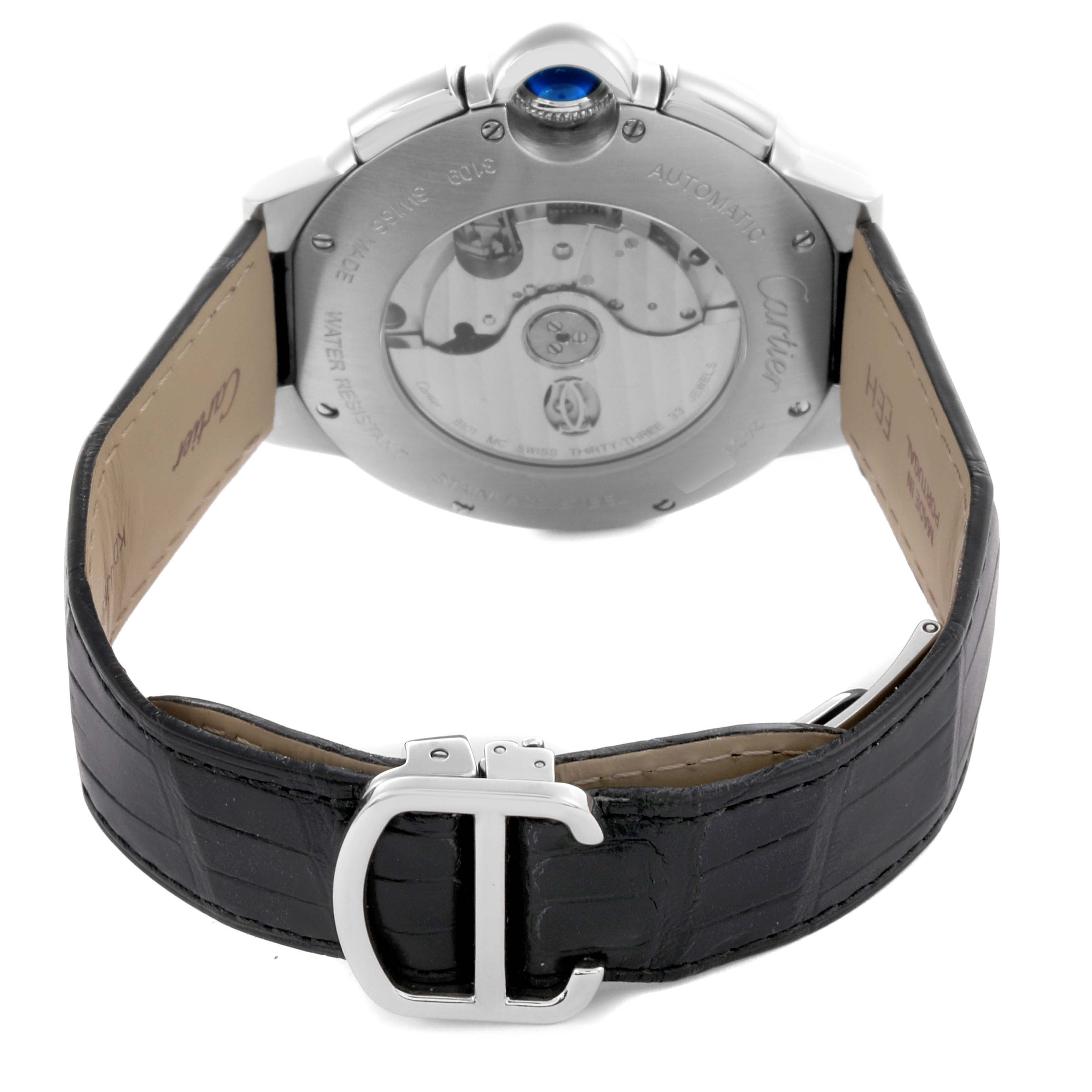 The Cartier Ballon Bleu W6920003 Men
s Stainless Steel Silver Dial W6920003 Men
s Stainless Steel Silver Dial watch is shown from the back, highlighting the transparent case back and leather strap with clasp.
