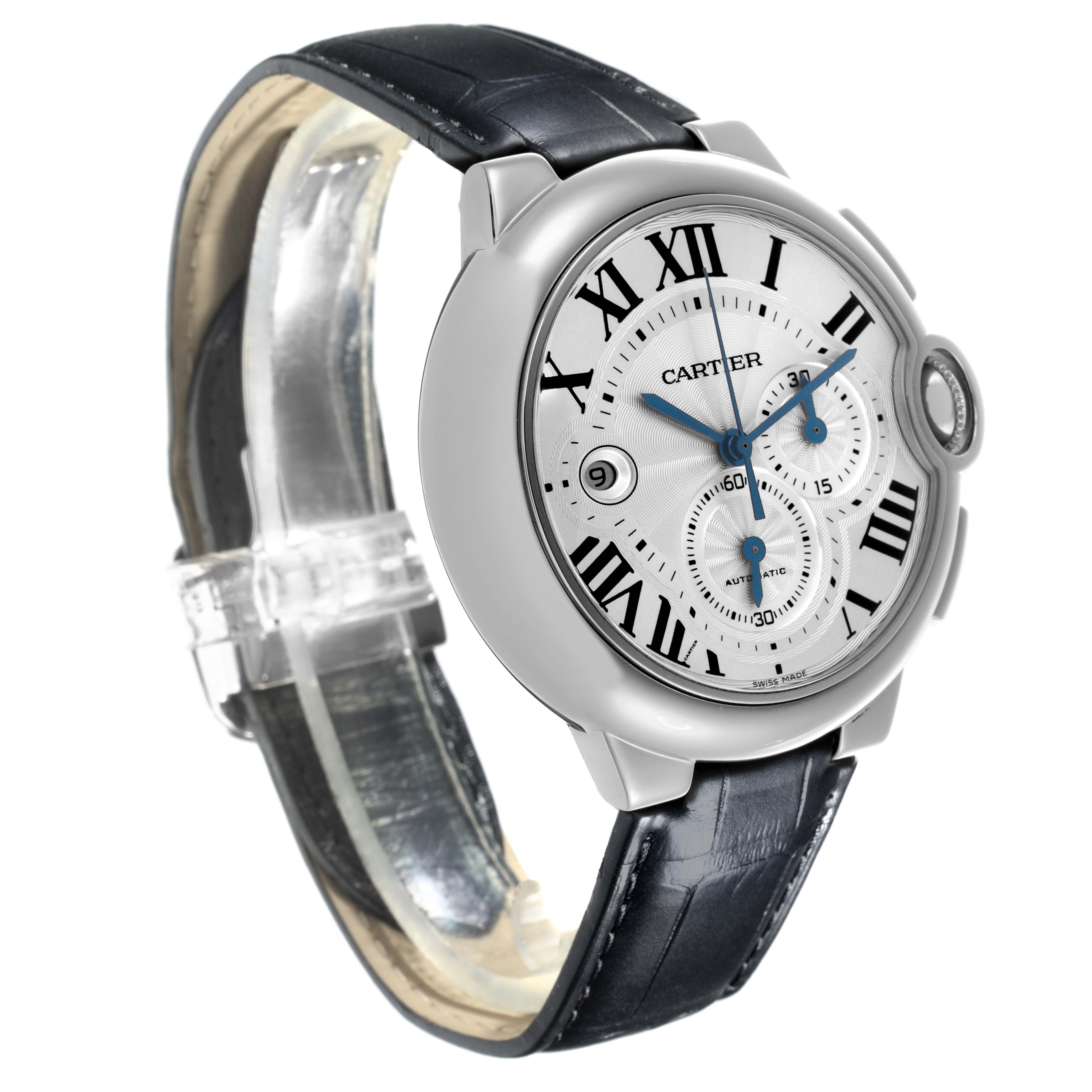 The Cartier Ballon Bleu W6920003 Men
s Stainless Steel Silver Dial W6920003 Men
s Stainless Steel Silver Dial watch is shown at a three-quarter angle, displaying its dial, case, strap, and crown detail.