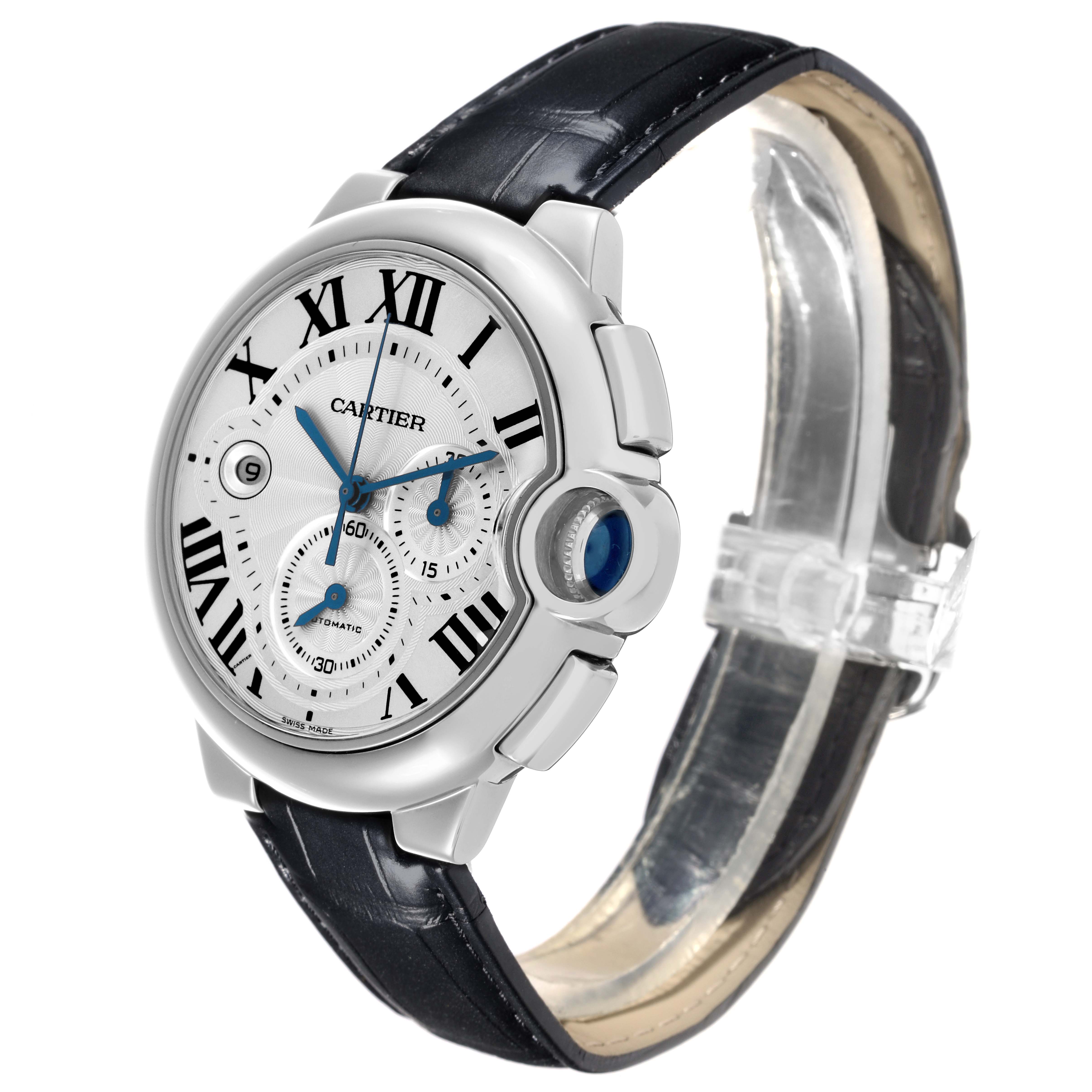 The Cartier Ballon Bleu W6920003 Men
s Stainless Steel Silver Dial W6920003 Men
s Stainless Steel Silver Dial watch is shown at a slight angle, highlighting its face, crown, and strap.