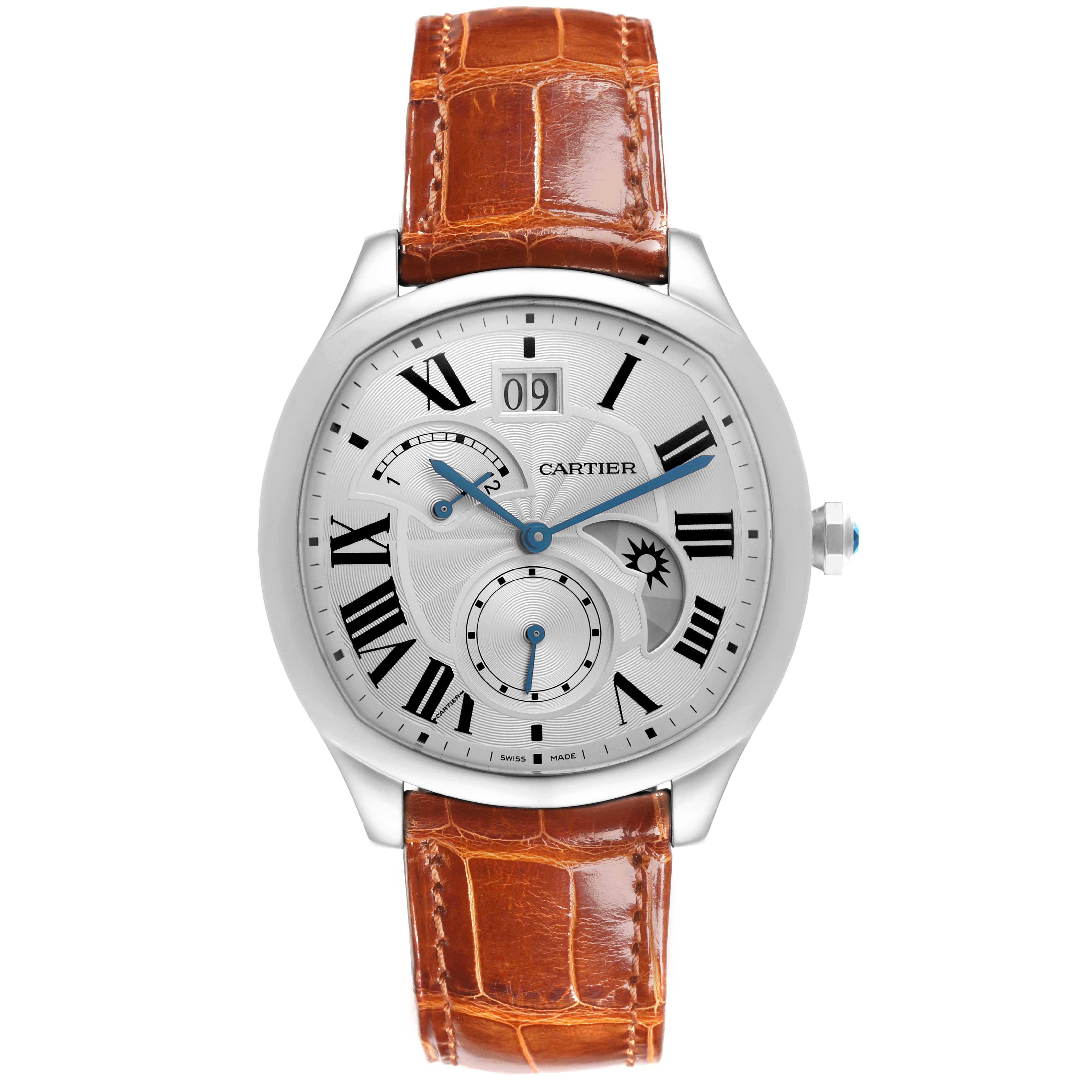 The Drive de Cartier watch is shown from the front, displaying the dial, hands, and leather strap.