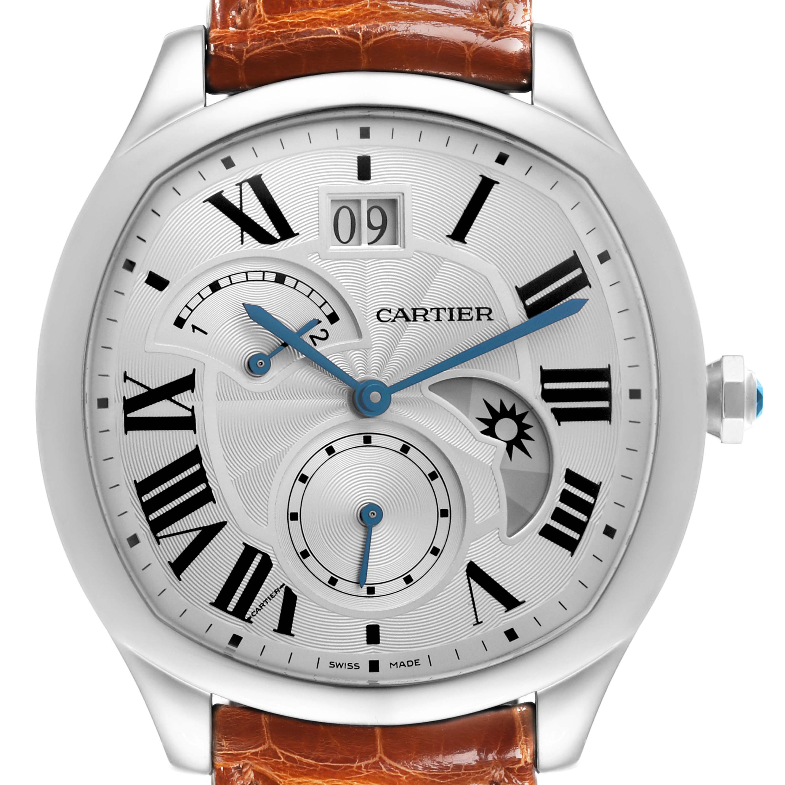 The Drive de Cartier watch by Cartier is shown from a front angle, displaying its face, brown leather strap, and crown.