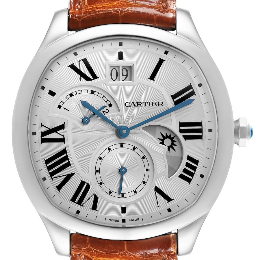 The Drive de Cartier watch by Cartier is shown from a front angle, displaying its face, brown leather strap, and crown.