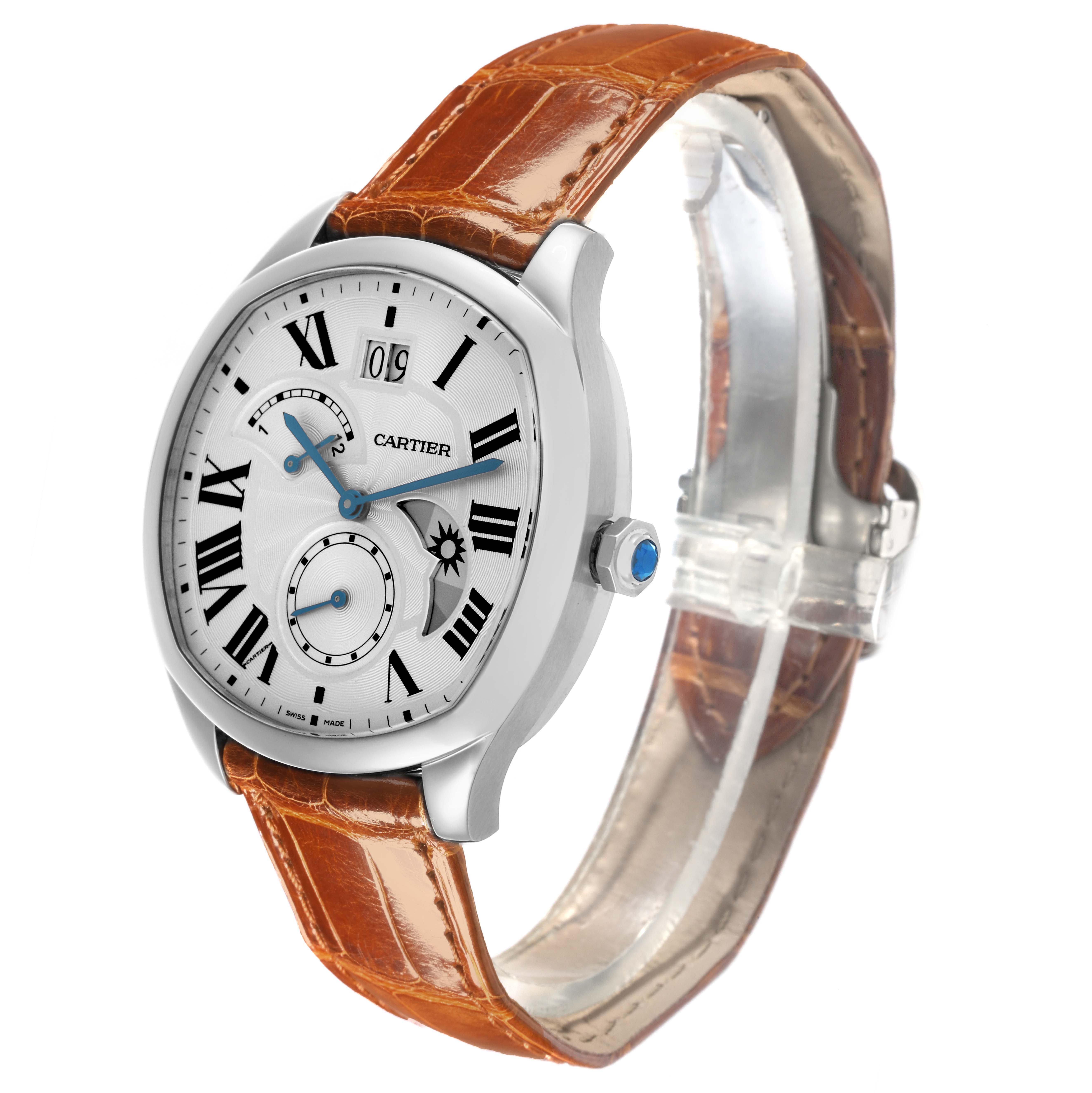 The Drive de Cartier watch is shown from a front angle, highlighting the face, casing, and leather strap.