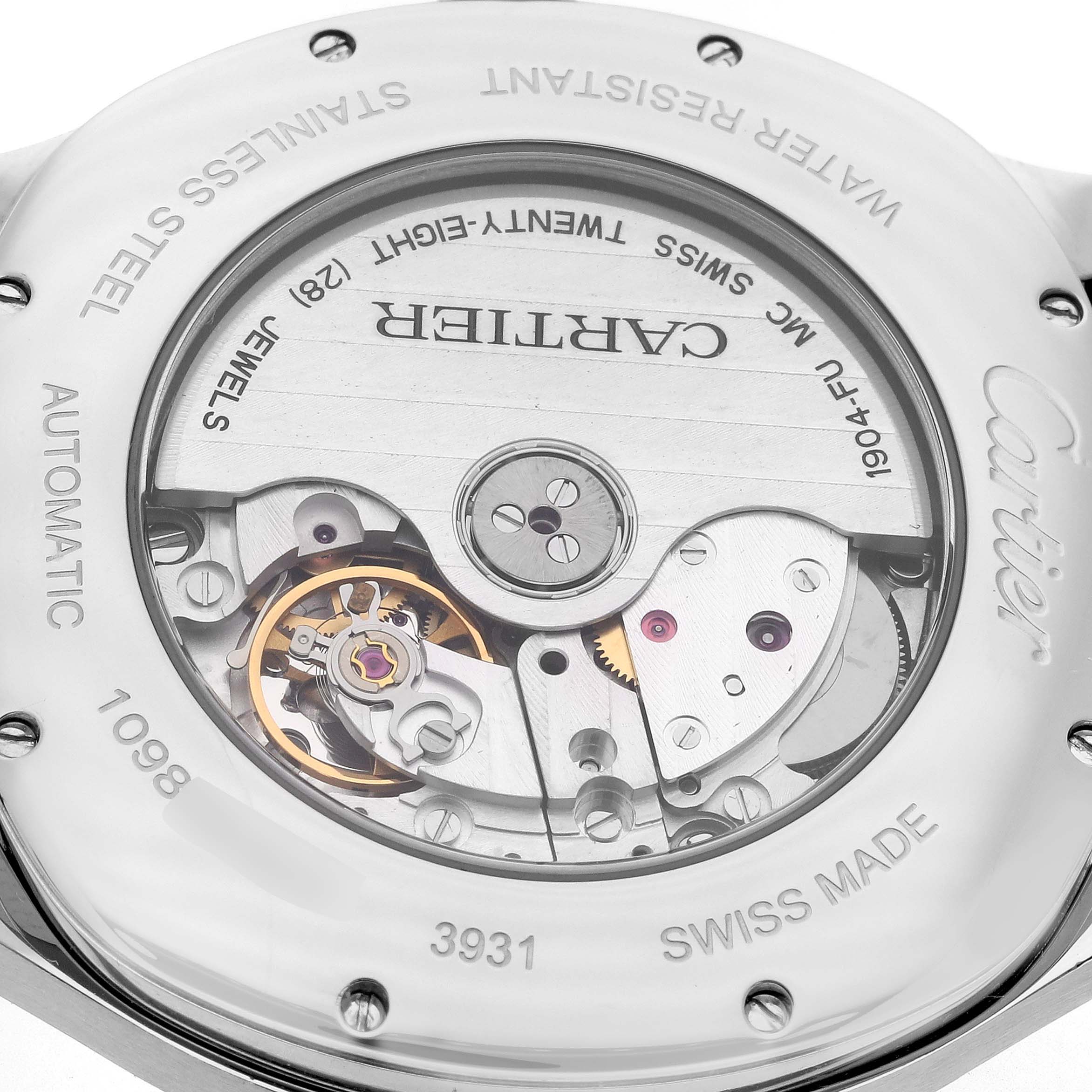 The image shows the back view of the Drive de Cartier watch by Cartier, highlighting the movement mechanism.