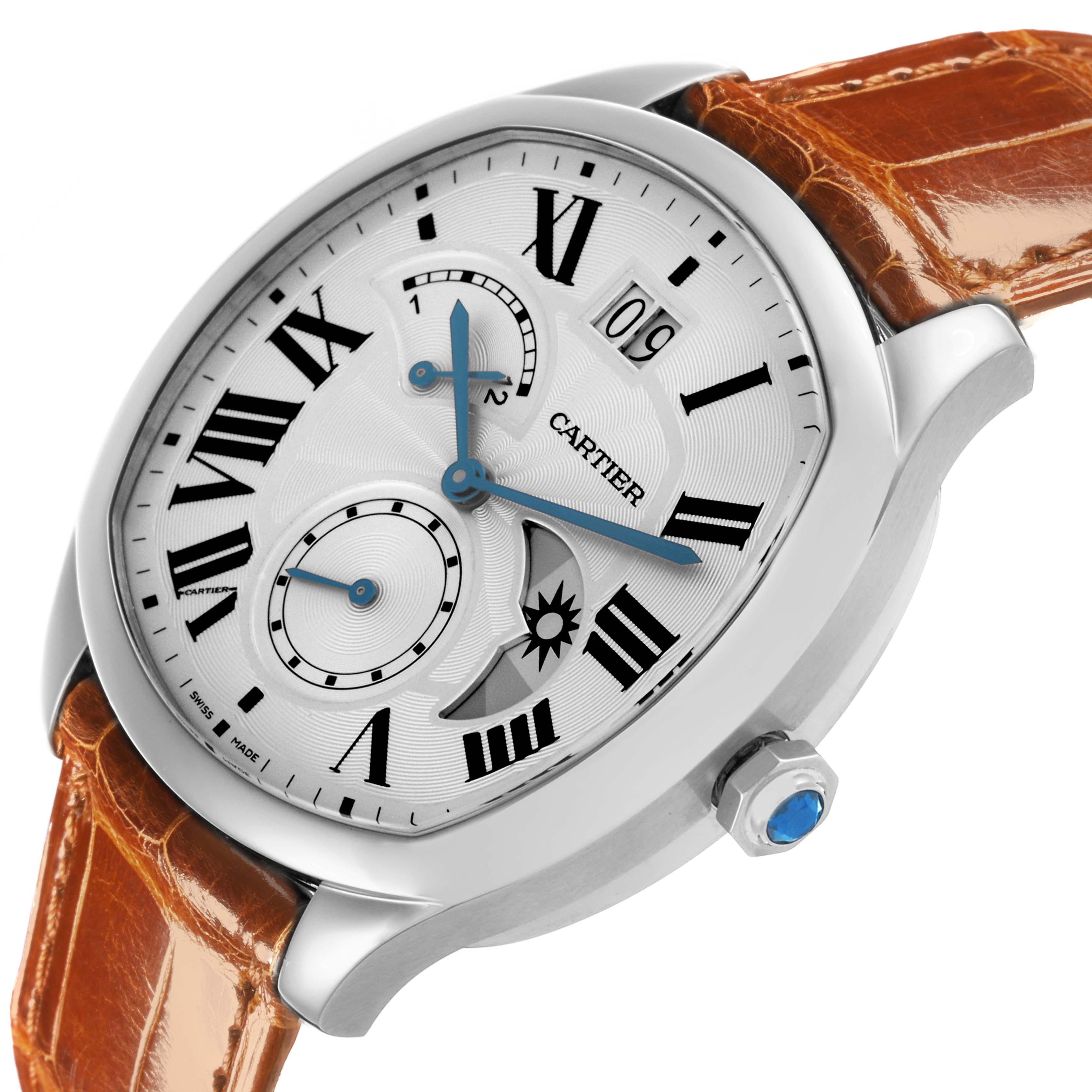 The Drive de Cartier watch is shown at a three-quarter angle, highlighting the face, crown, and brown leather strap.