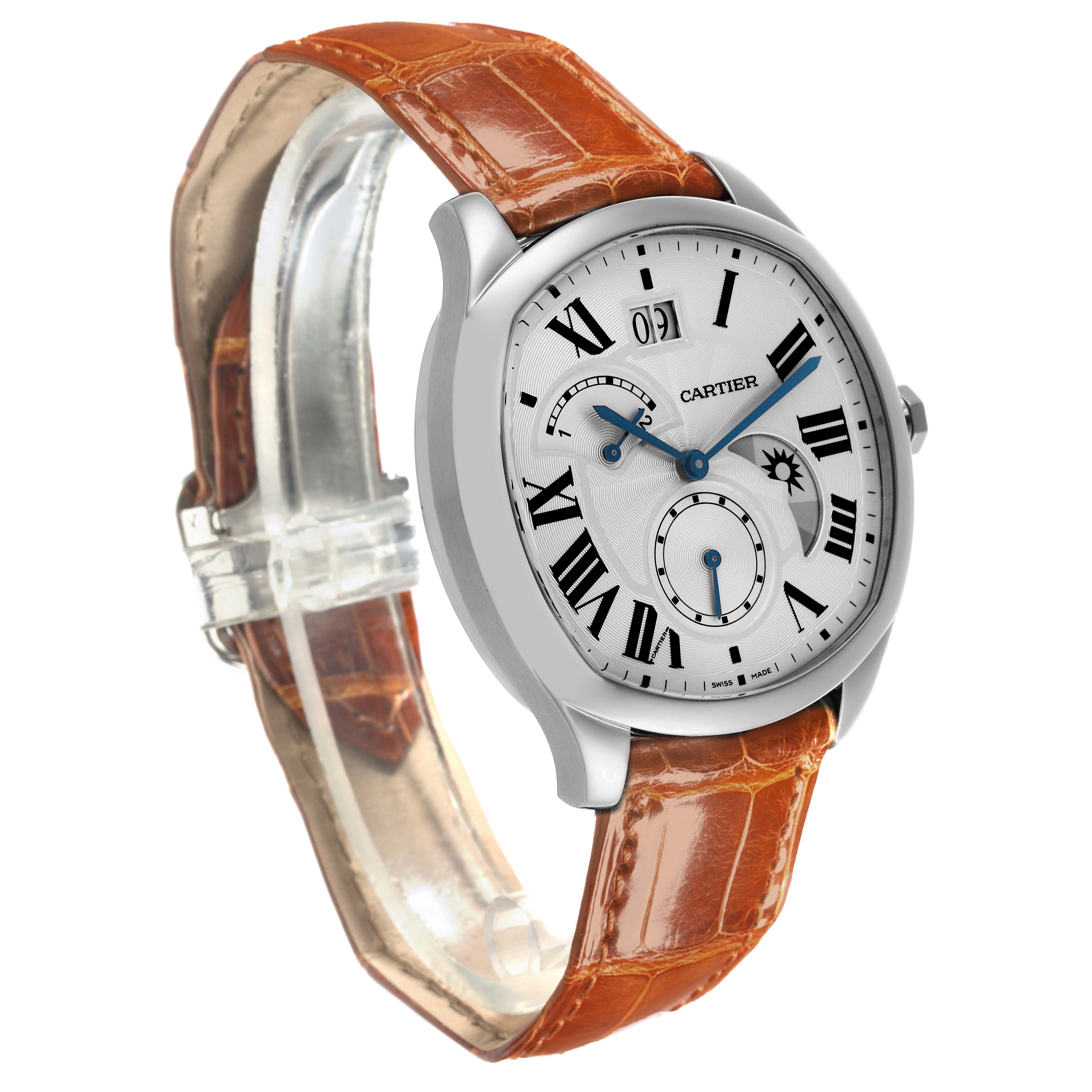 The Drive de Cartier watch is shown at an angled side view, highlighting the face, case, and leather strap.