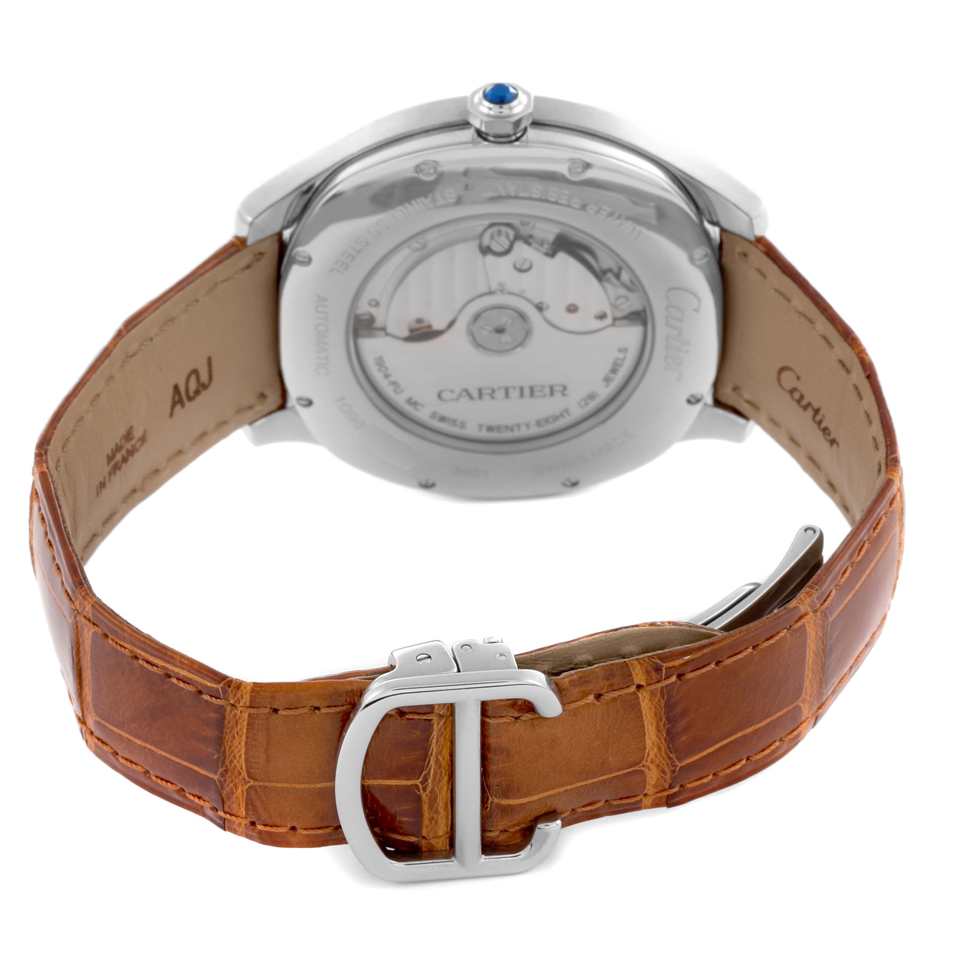 The Drive de Cartier watch is shown from the back, highlighting the case back, mechanism, and leather strap with a buckle.