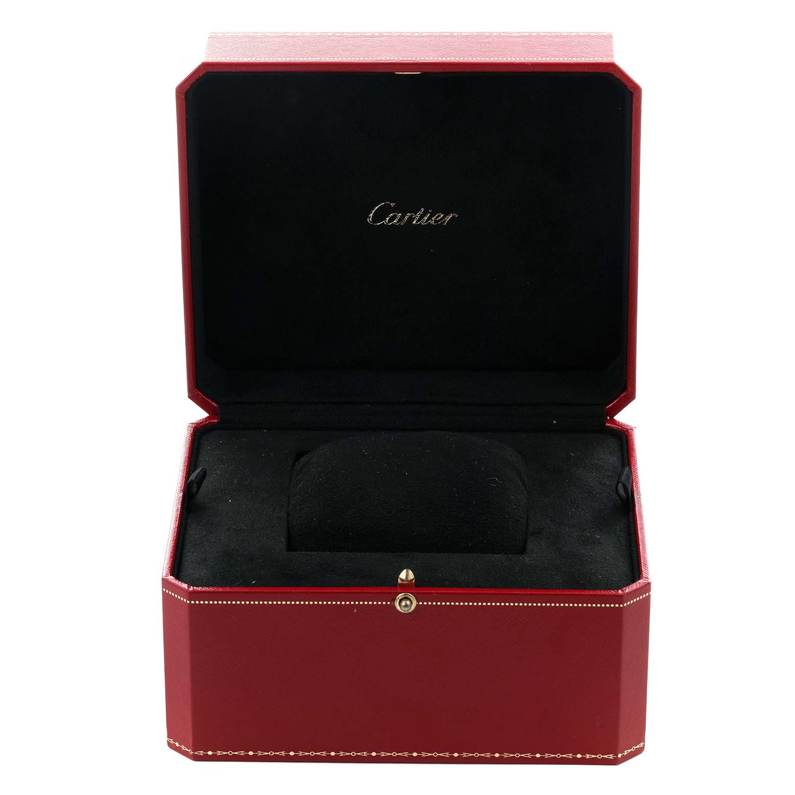 The image shows an open Cartier watch box for the Drive de Cartier model, angled to display its interior.