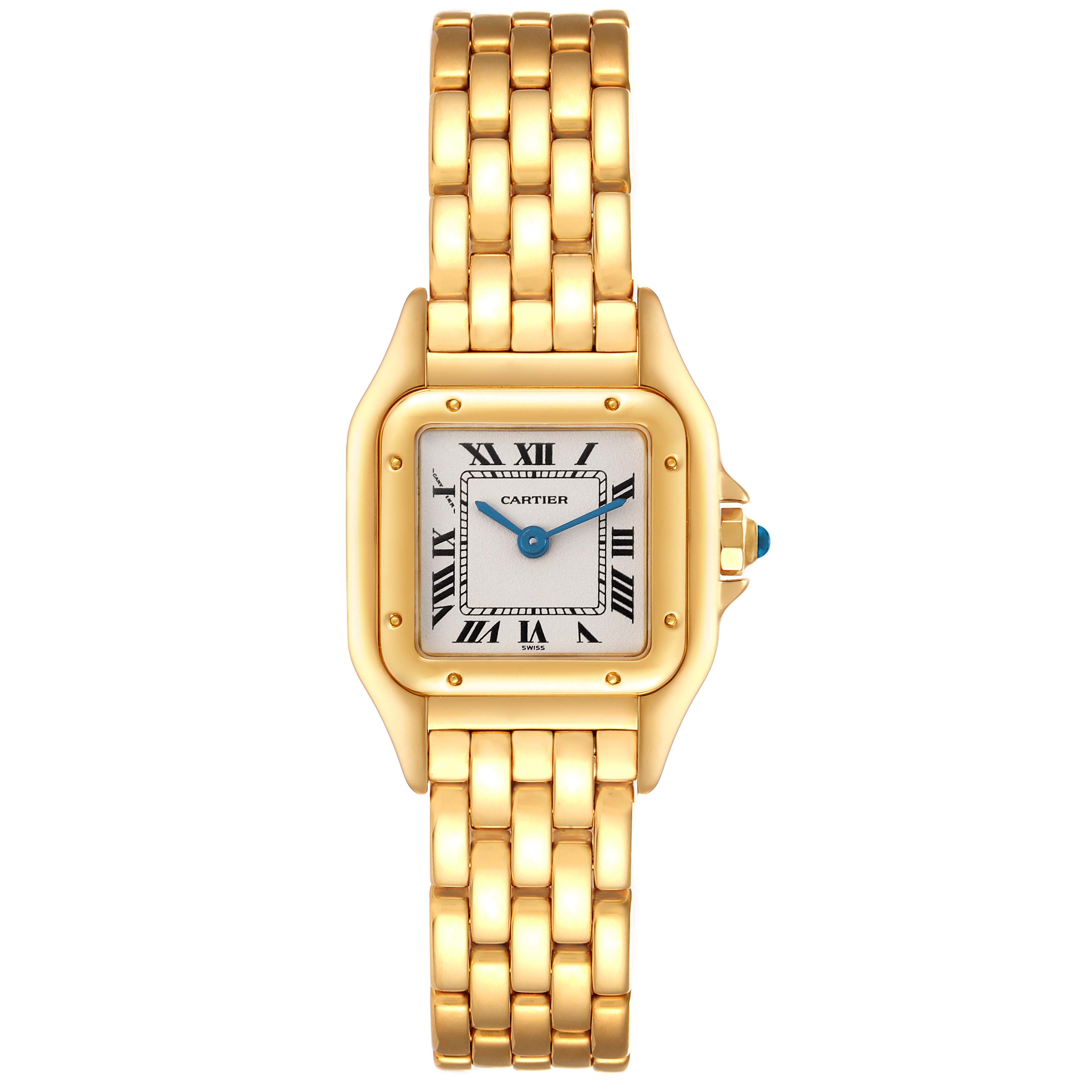 The Cartier Panthere W25022B9 Women's Yellow Gold Silver Dial W25022B9 Women's Yellow Gold Silver Dial watch is shown from the front, highlighting the gold bracelet, square face, and blue-tipped crown.