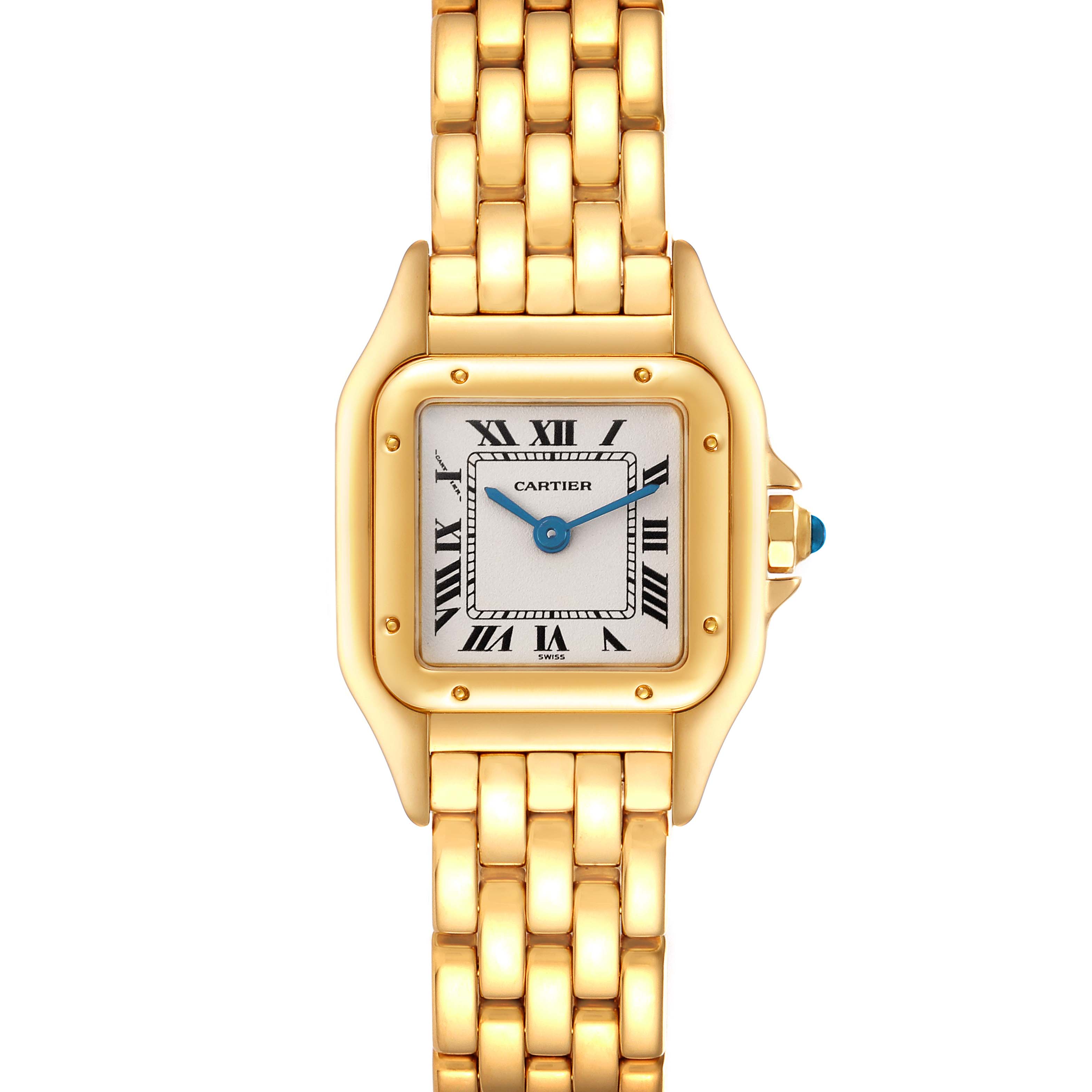 The Cartier Panthere W25022B9 Women's Yellow Gold Silver Dial W25022B9 Women's Yellow Gold Silver Dial watch is shown from a top-down angle, highlighting its gold bracelet and square face with Roman numerals.