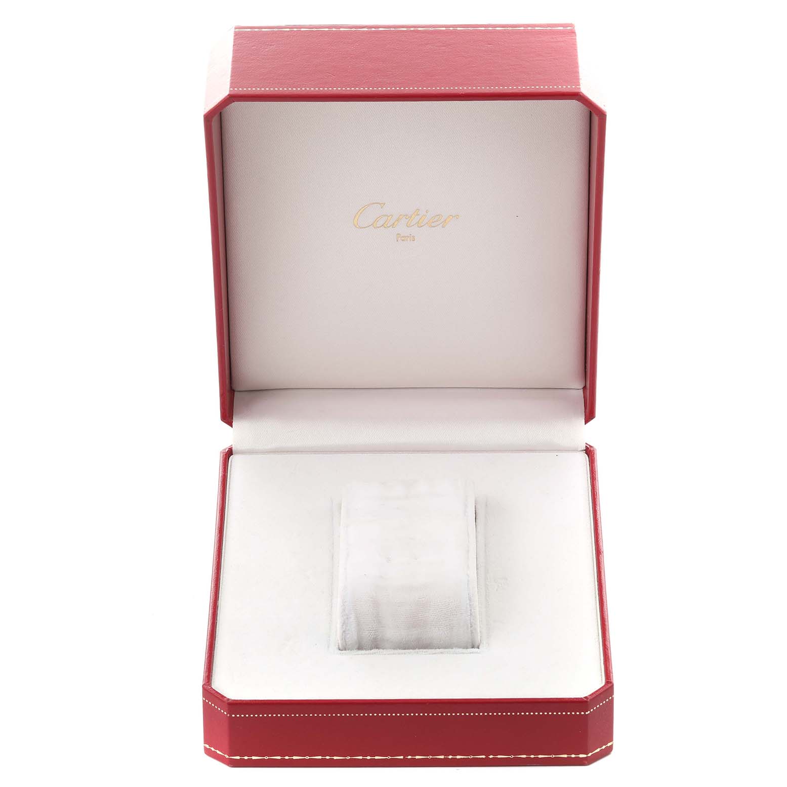The image shows an open Cartier watch box, likely for a Panthere model, with a red exterior and white interior.