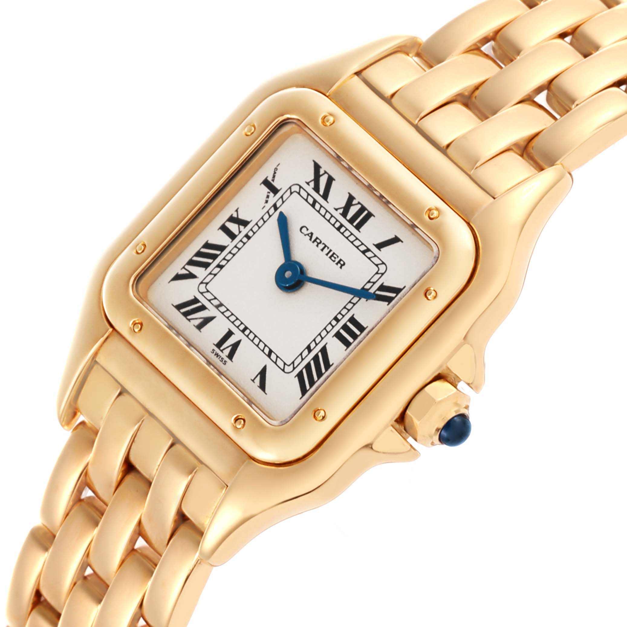The Cartier Panthere W25022B9 Women's Yellow Gold Silver Dial W25022B9 Women's Yellow Gold Silver Dial watch is shown from an angled view, highlighting its square face, gold bracelet, and blue cabochon crown.
