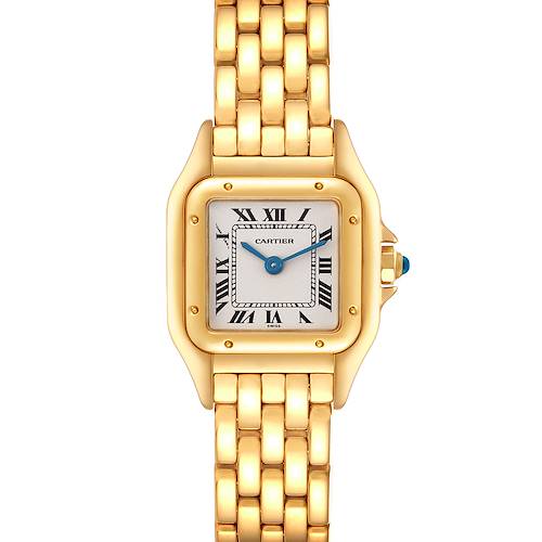 The Cartier Panthere watch is shown from a direct front angle, highlighting its gold case, Roman numeral dial, and linked bracelet.