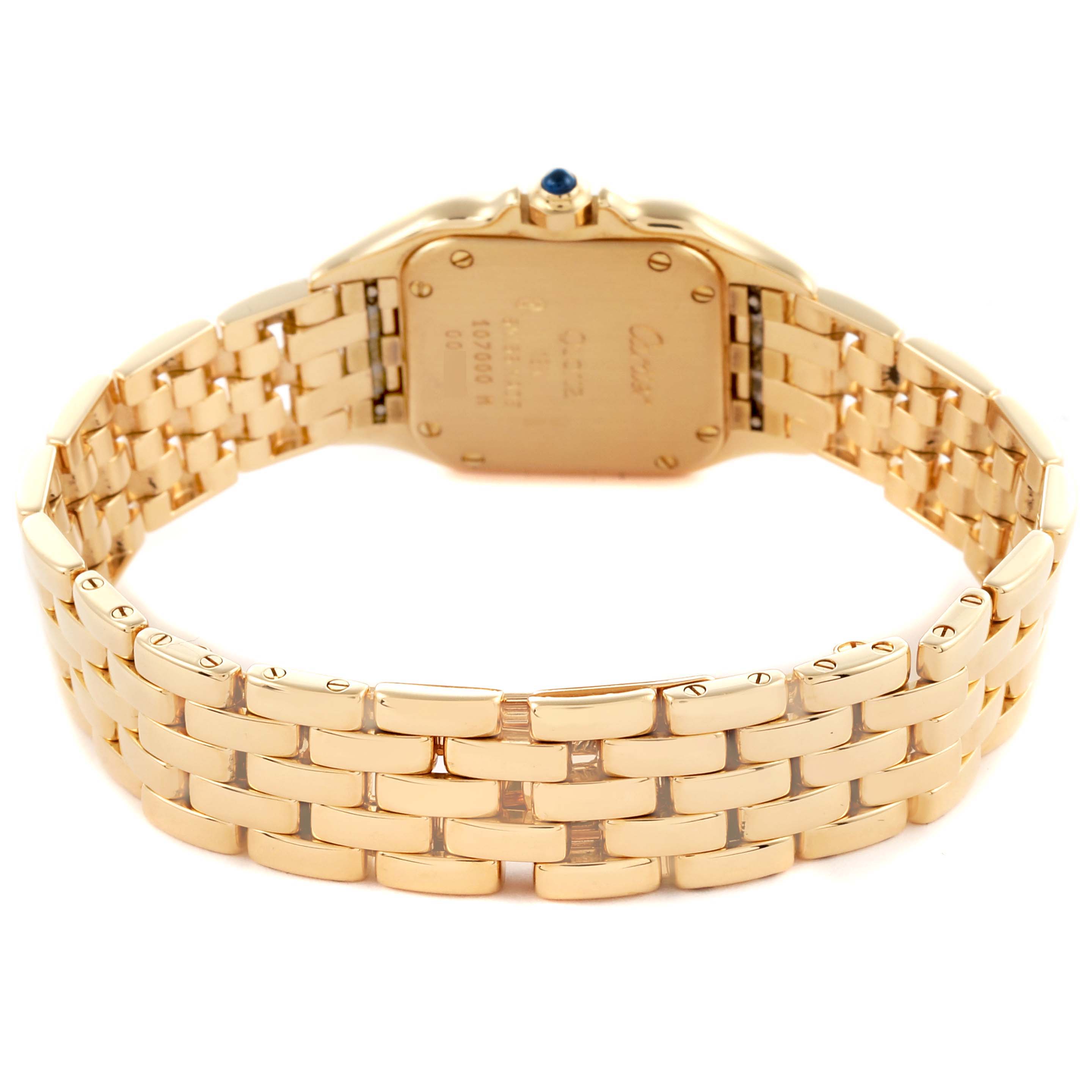 The image shows the back view of a Cartier Panthère watch, highlighting the bracelet and case back.