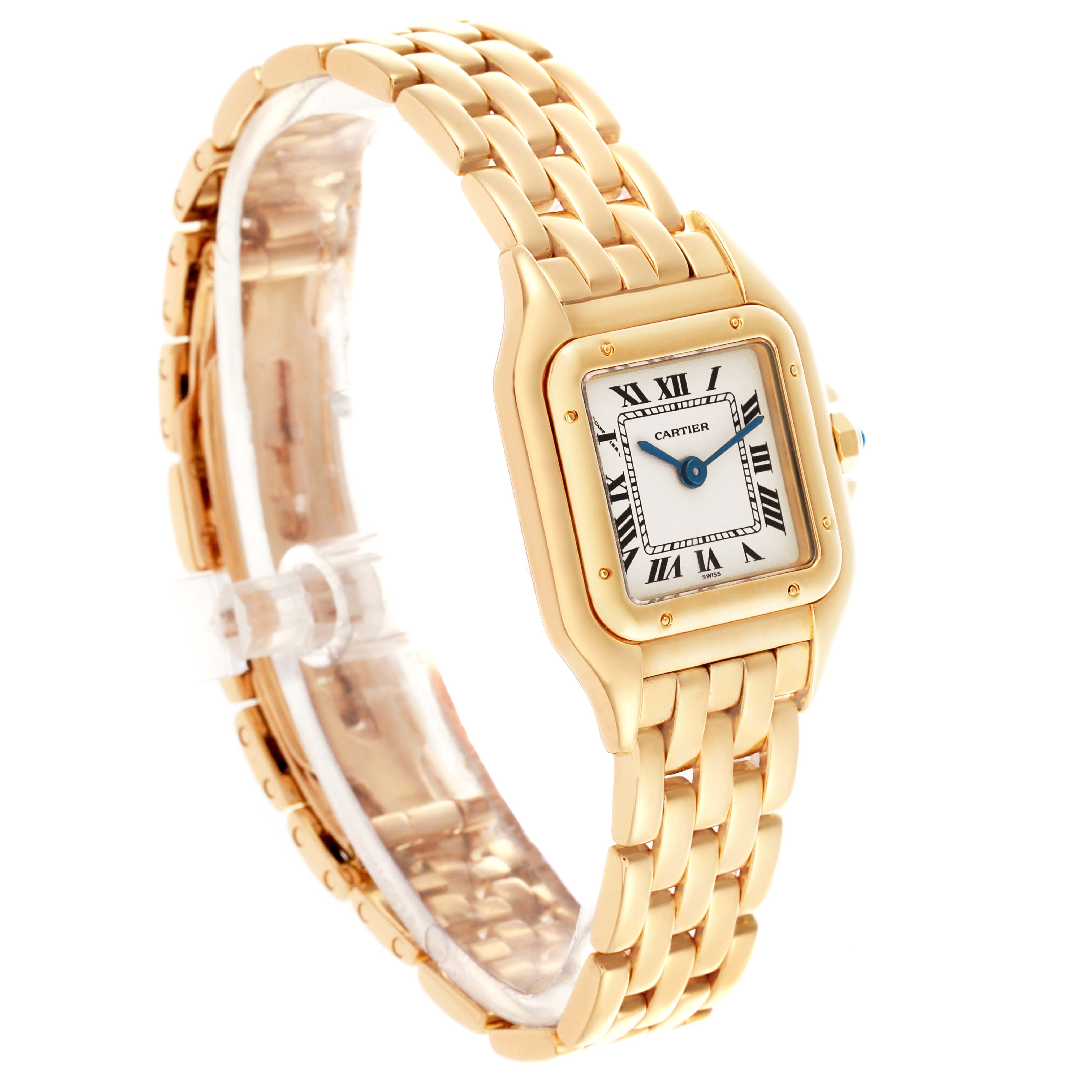 The Cartier Panthere W25022B9 Women's Yellow Gold Silver Dial W25022B9 Women's Yellow Gold Silver Dial watch is shown from a three-quarter angle, highlighting its face, bracelet, and case.