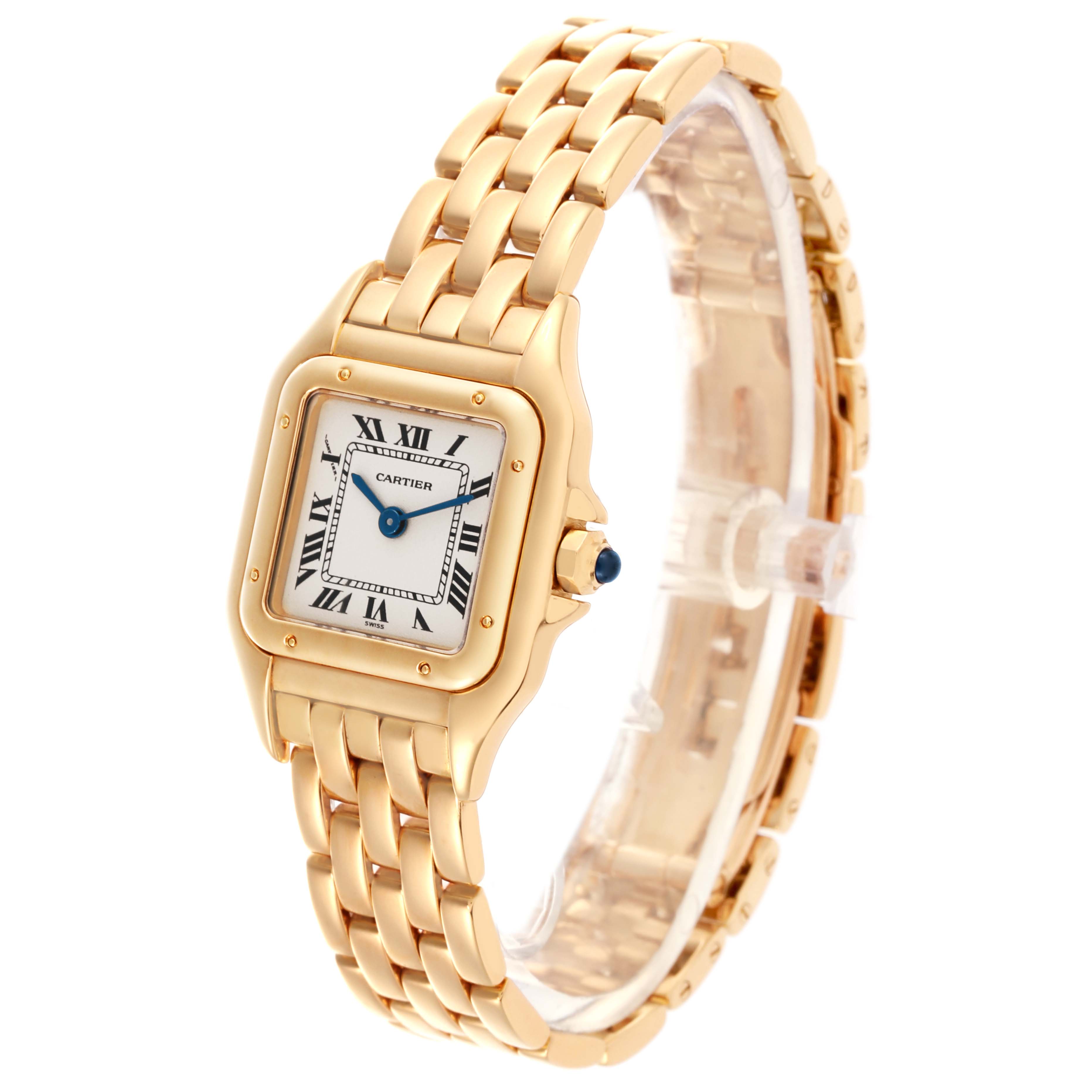 The Cartier Panthere W25022B9 Women's Yellow Gold Silver Dial W25022B9 Women's Yellow Gold Silver Dial watch is shown at a three-quarter angle, highlighting the face, case, and bracelet.