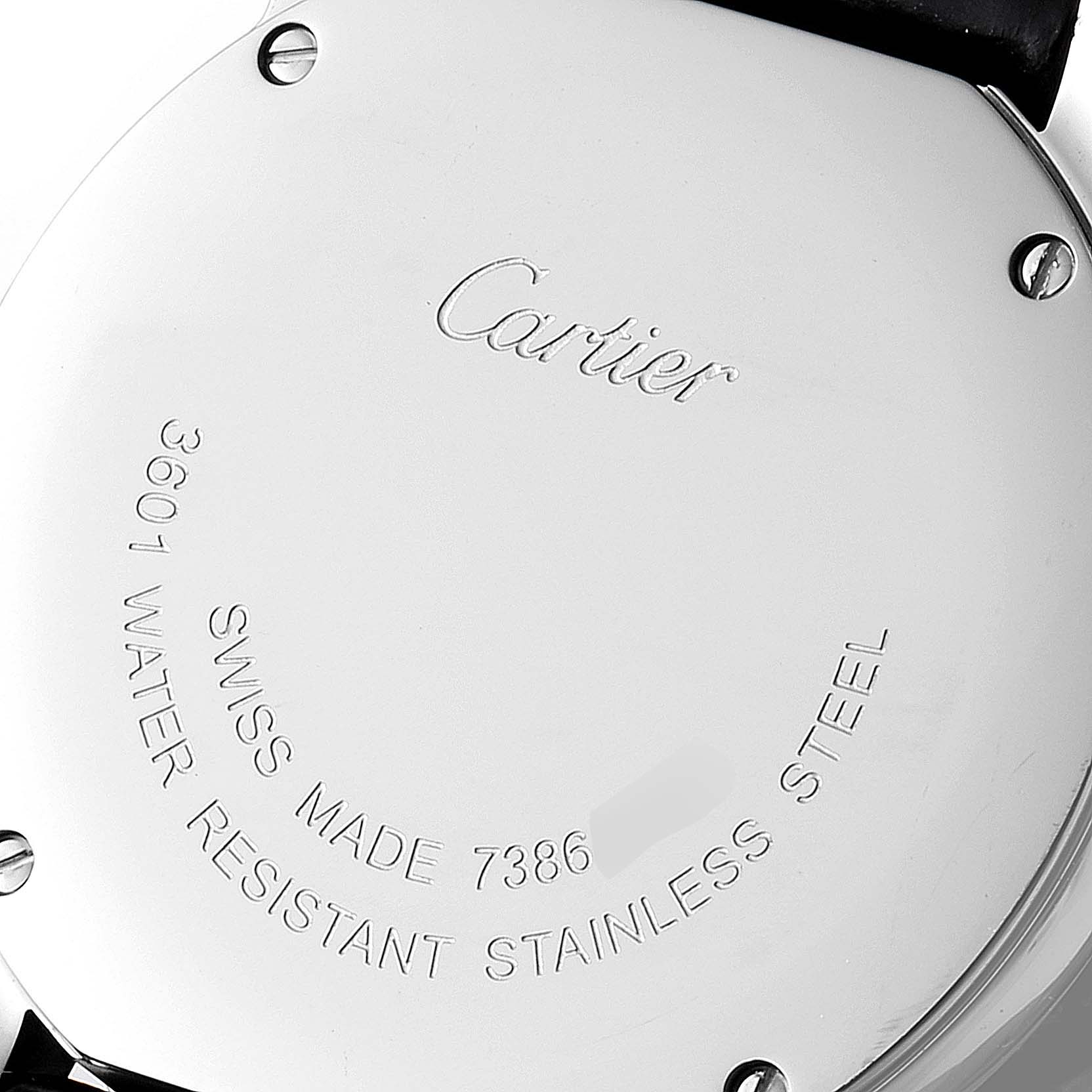 The image shows the back casing of a Ronde model watch by Cartier, highlighting its stainless steel material and water resistance.