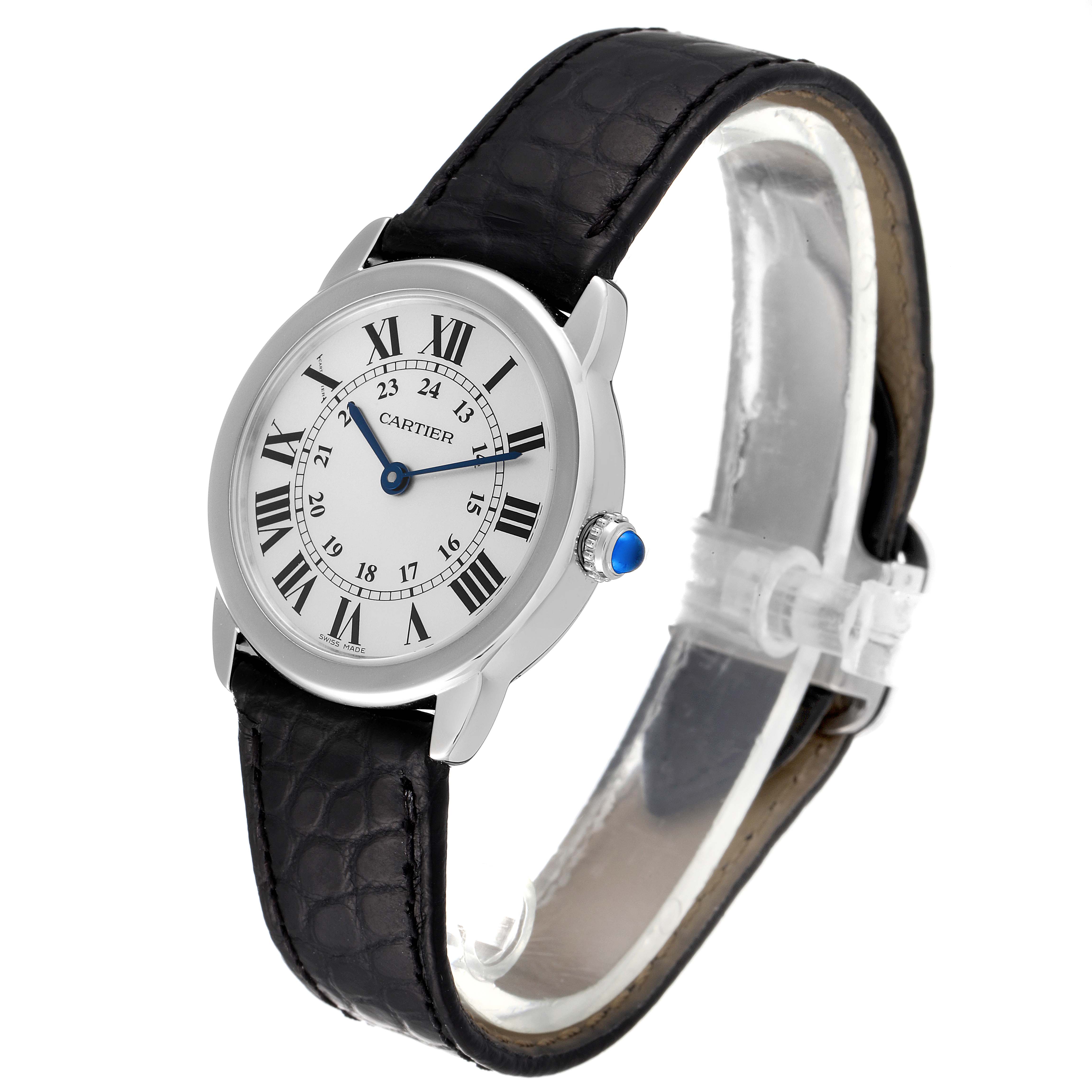 The image shows a Cartier Ronde W6700155 Women's Stainless Steel Silver Dial W6700155 Women's Stainless Steel Silver Dial model watch angled to display the face, crown, and black leather strap.
