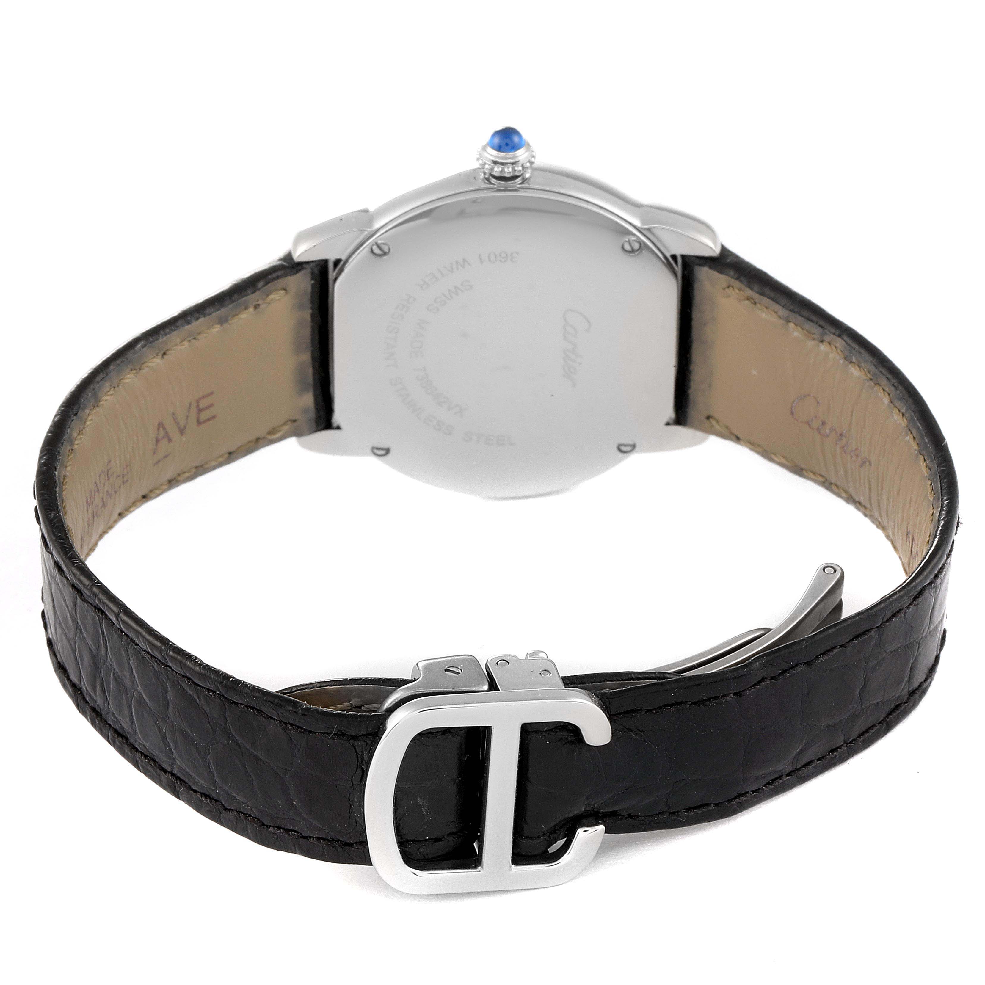The image shows the back of a Cartier Ronde W6700155 Women's Stainless Steel Silver Dial W6700155 Women's Stainless Steel Silver Dial watch, highlighting the strap, buckle, and caseback with the crown visible.