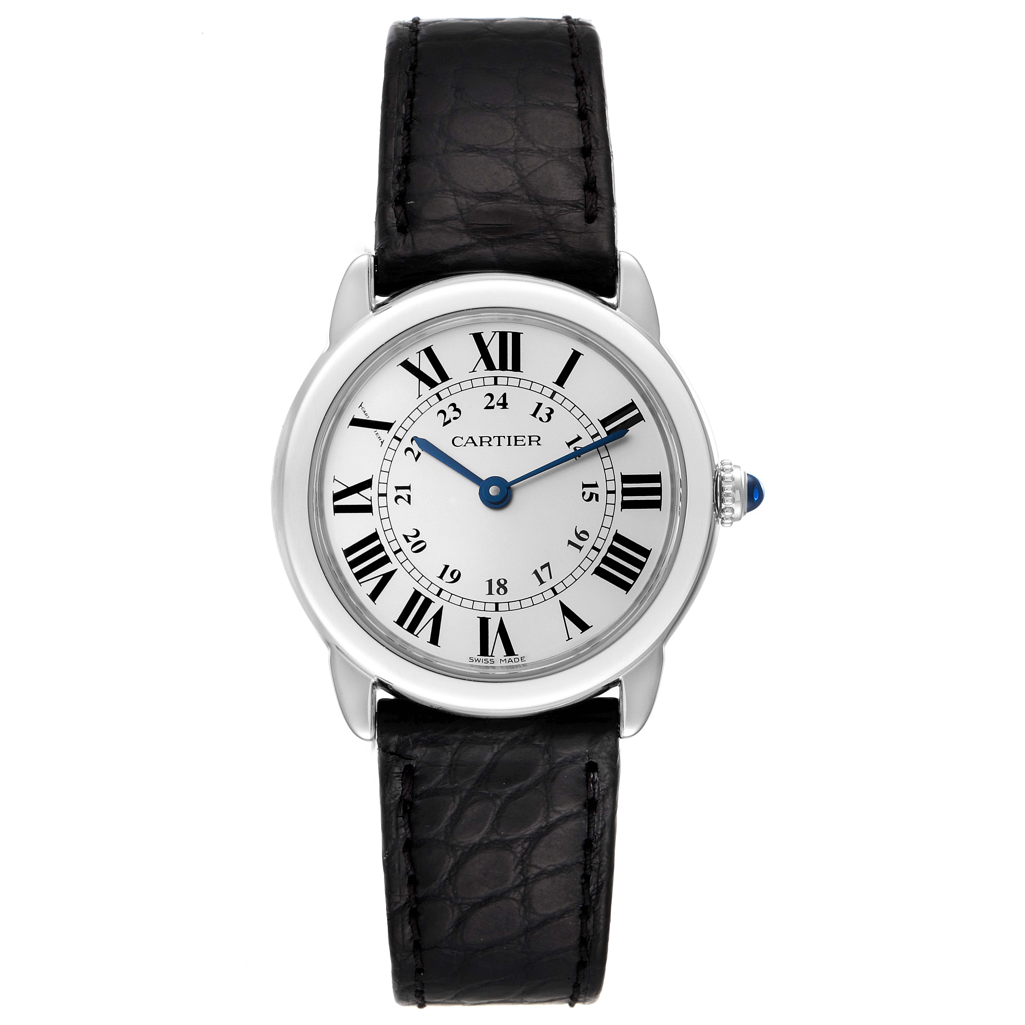The image shows a front view of a Cartier Ronde W6700155 Women's Stainless Steel Silver Dial W6700155 Women's Stainless Steel Silver Dial model watch with a black leather strap and a white dial with Roman numerals.