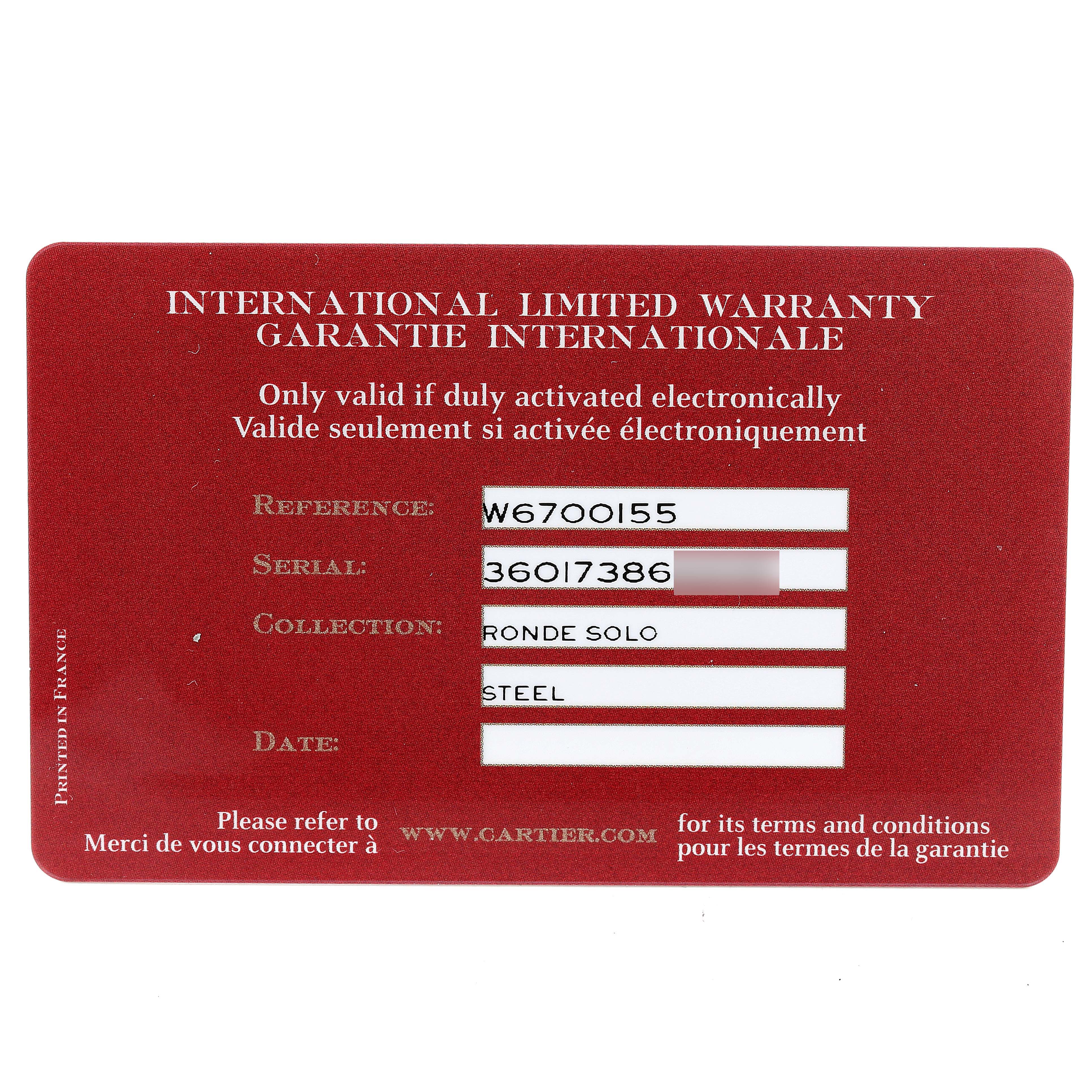 The image shows the warranty card of a Cartier Ronde W6700155 Women's Stainless Steel Silver Dial W6700155 Women's Stainless Steel Silver Dial model watch, including the reference, serial number, and collection details.