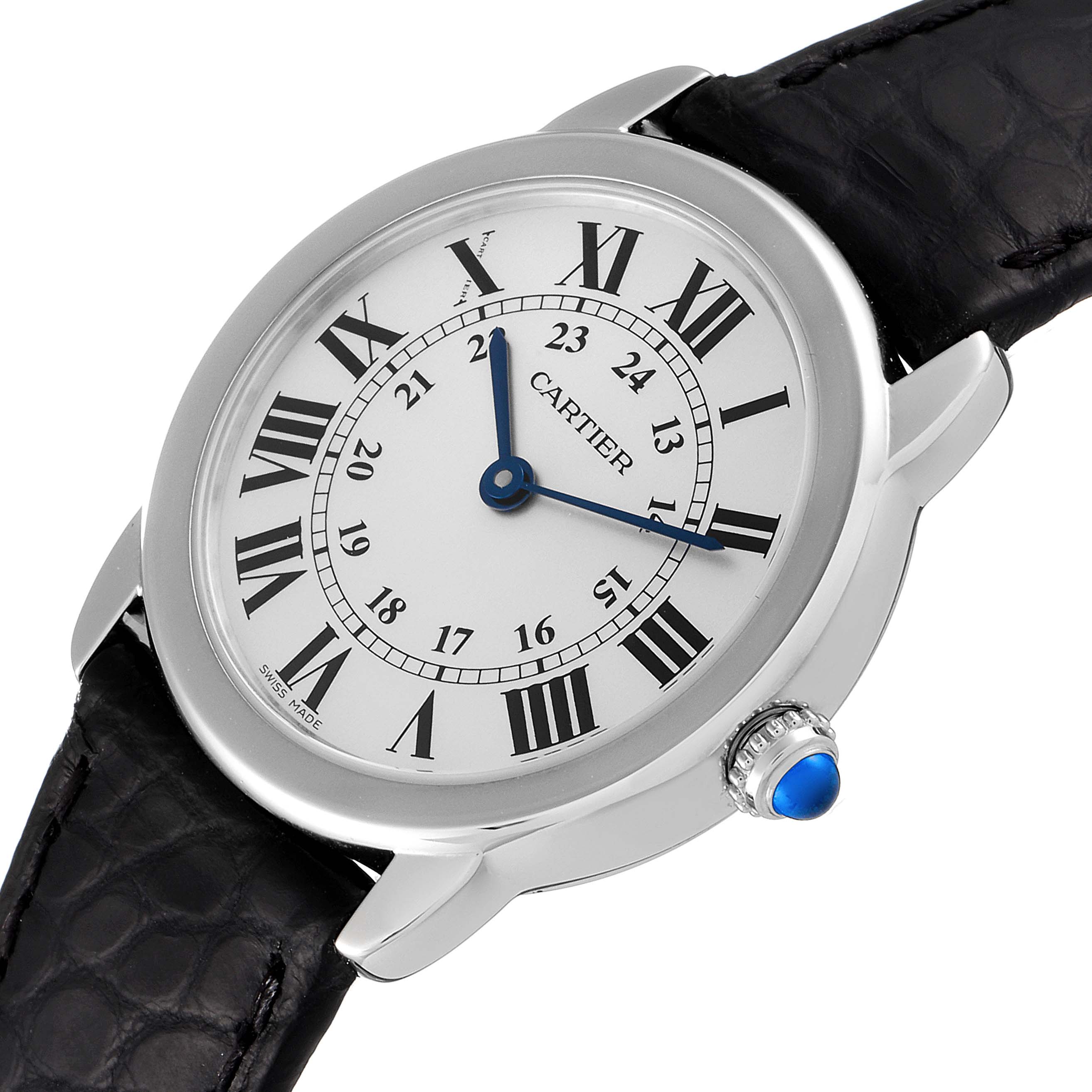 The Ronde model by Cartier is shown at a slight angle from the front, displaying the face, bezel, and strap.