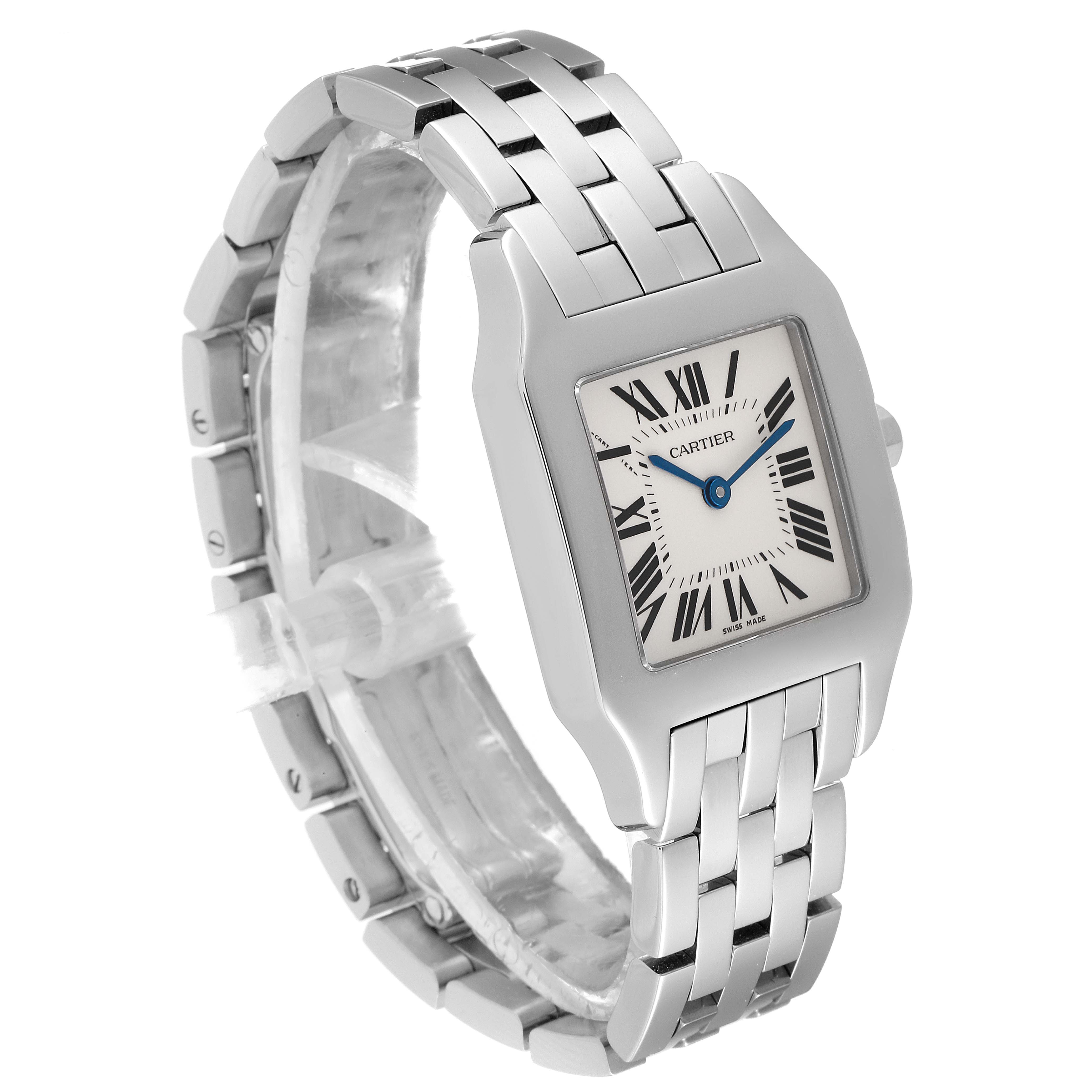 The Cartier Santos Demoiselle W25065Z5 Women
s Stainless Steel Silver Dial W25065Z5 Women
s Stainless Steel Silver Dial watch is shown at a three-quarter angle, highlighting its face, bracelet, and part of the crown.
